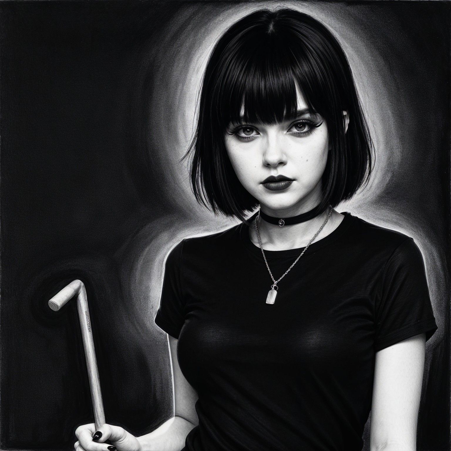 Young woman with black bob hairstyle and cane