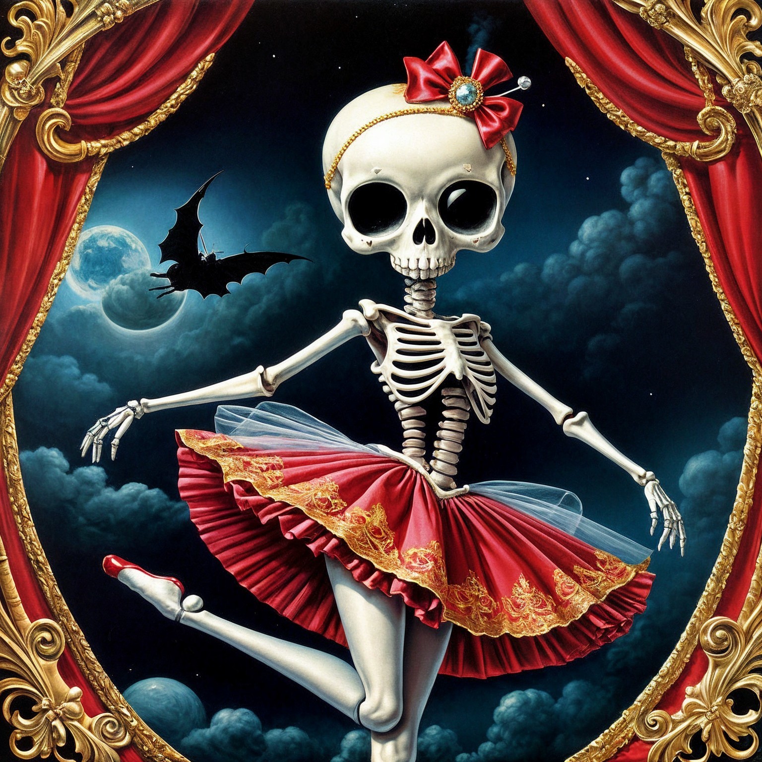 Whimsical Skeleton Ballerina in a Dramatic Setting