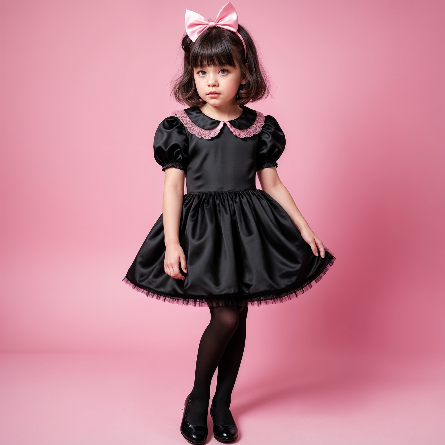 Young girl in black dress with pink bow and lace collar
