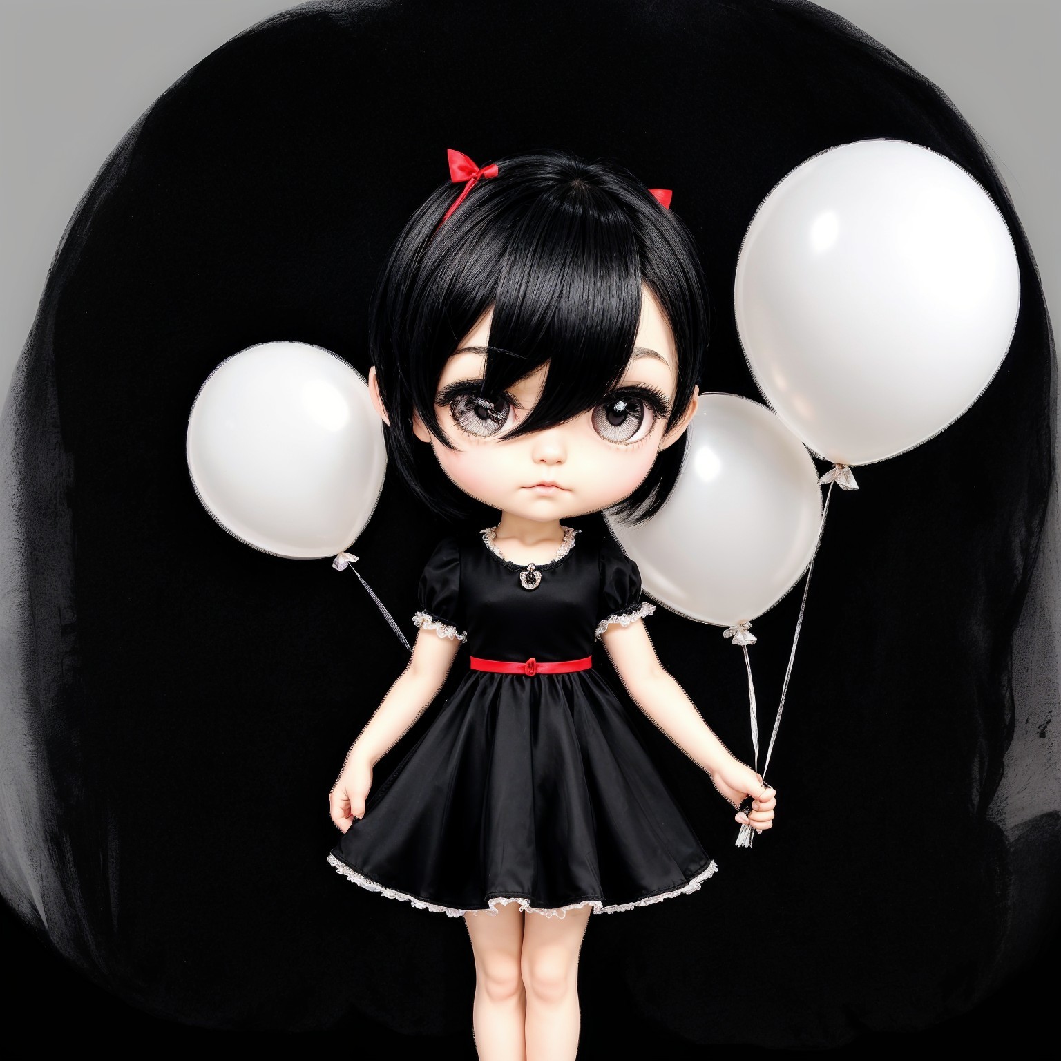 Doll Figure with Balloons Against Dark Background