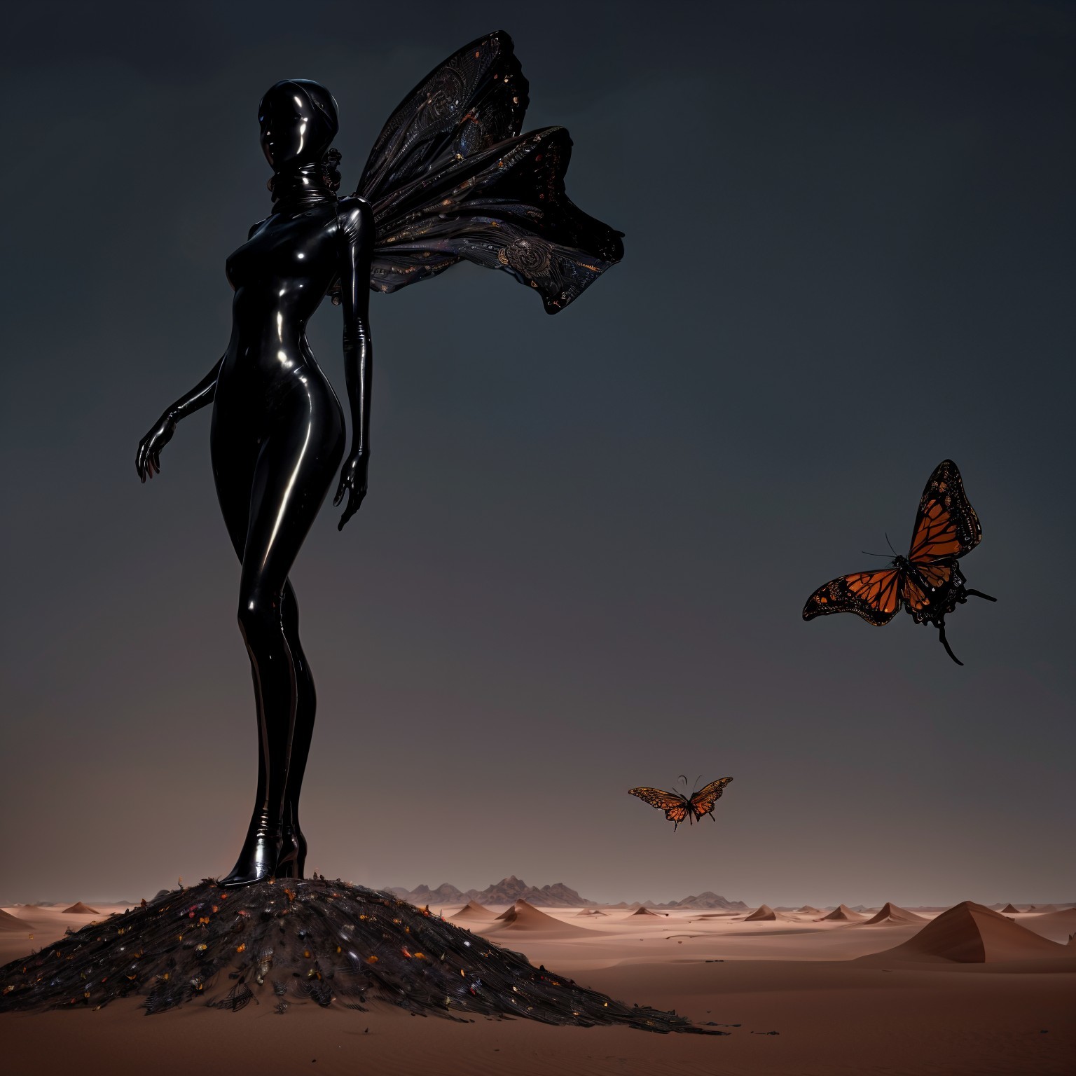 Surreal Desert Scene with Black Figure and Butterflies