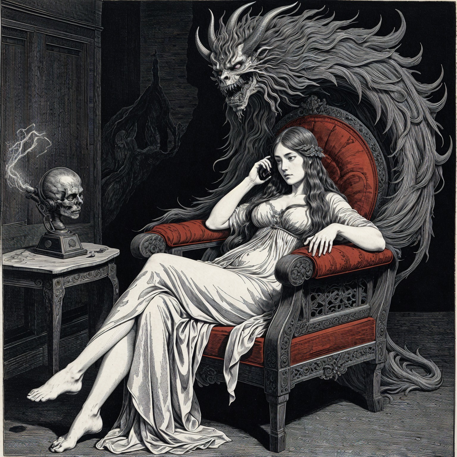 Eerie Scene with Woman, Spectral Figure, and Skull