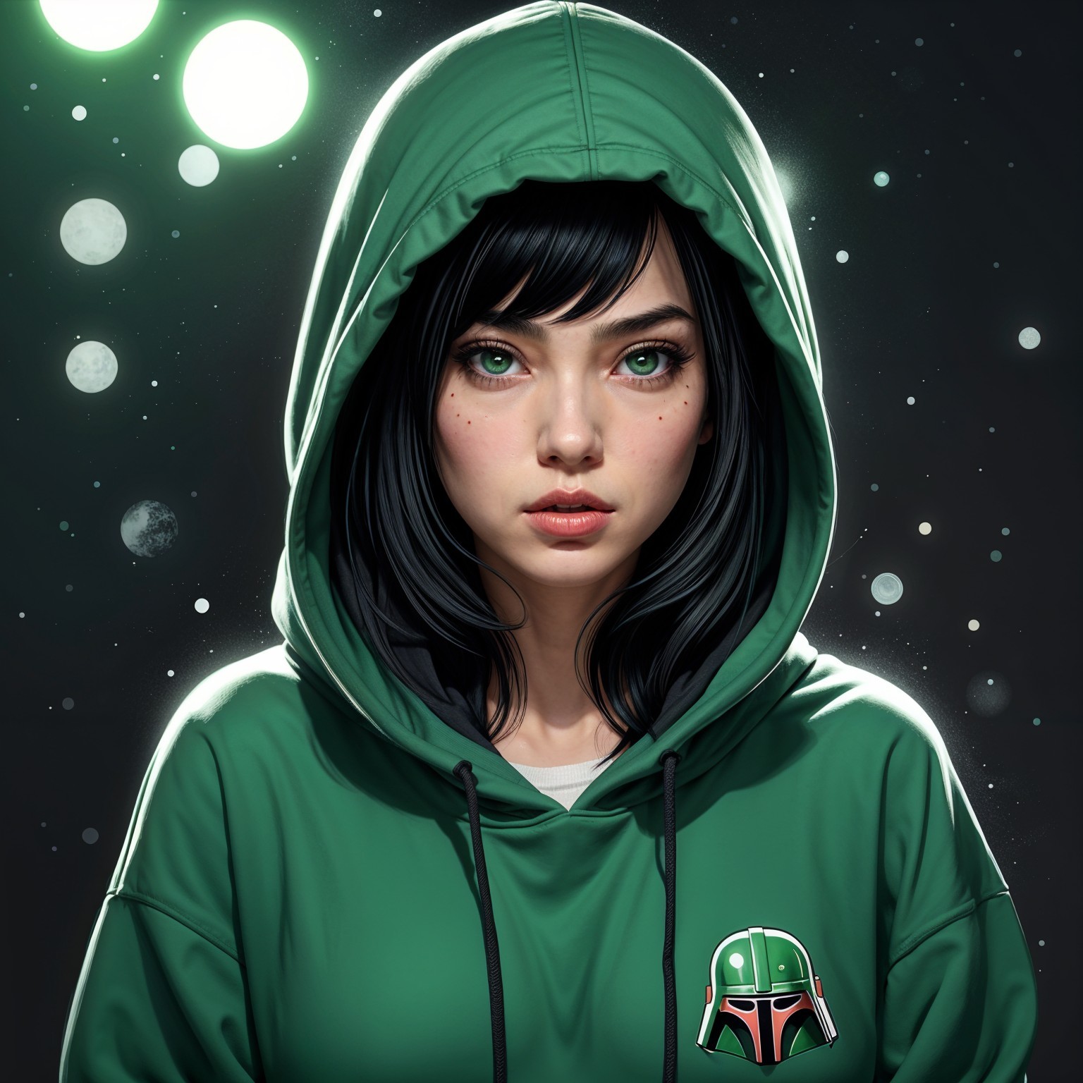 Young woman in green hoodie against cosmic backdrop