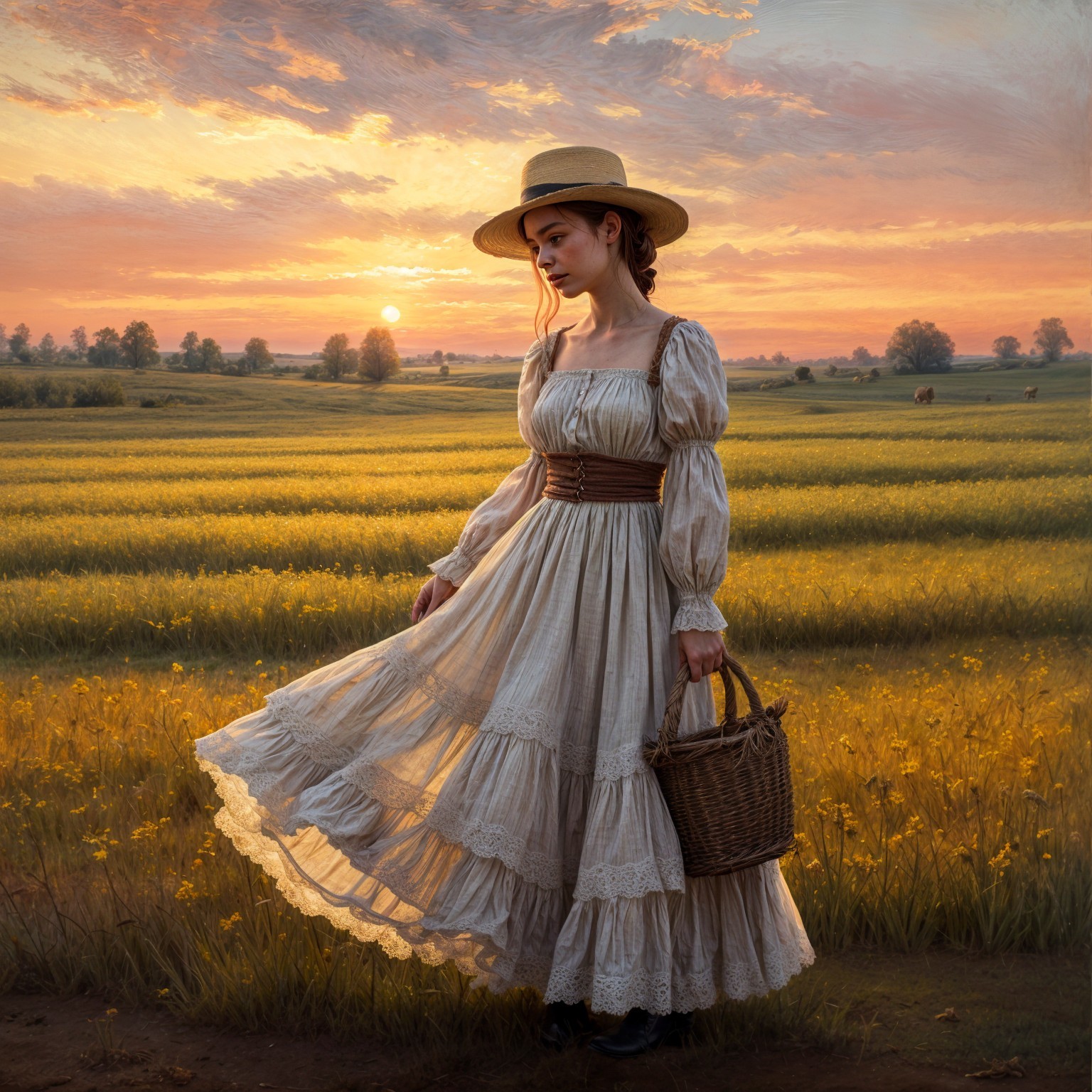 Young Woman in Vintage Dress in Sunlit Field at Sunset