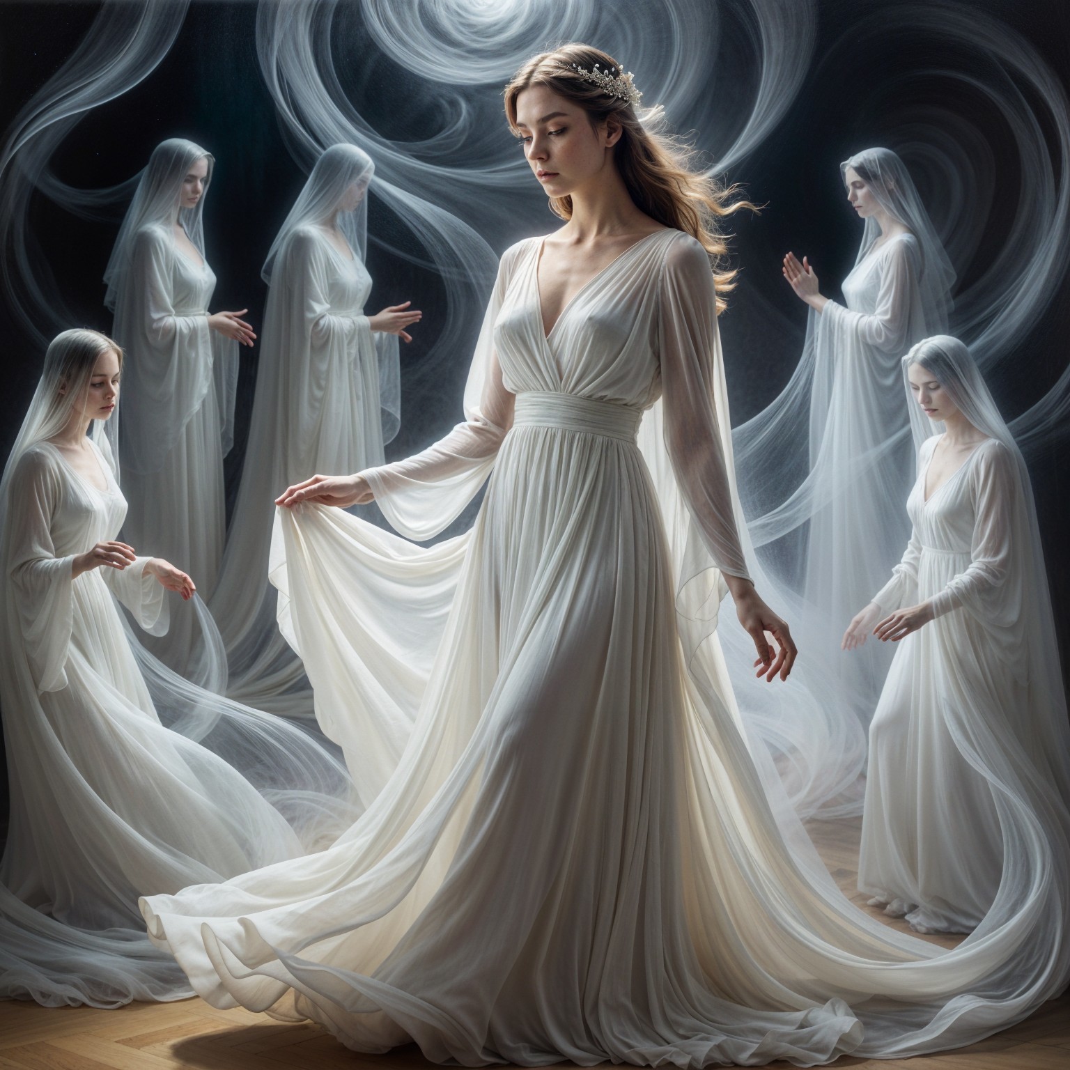 Serene figure in white gown with ghostly apparitions