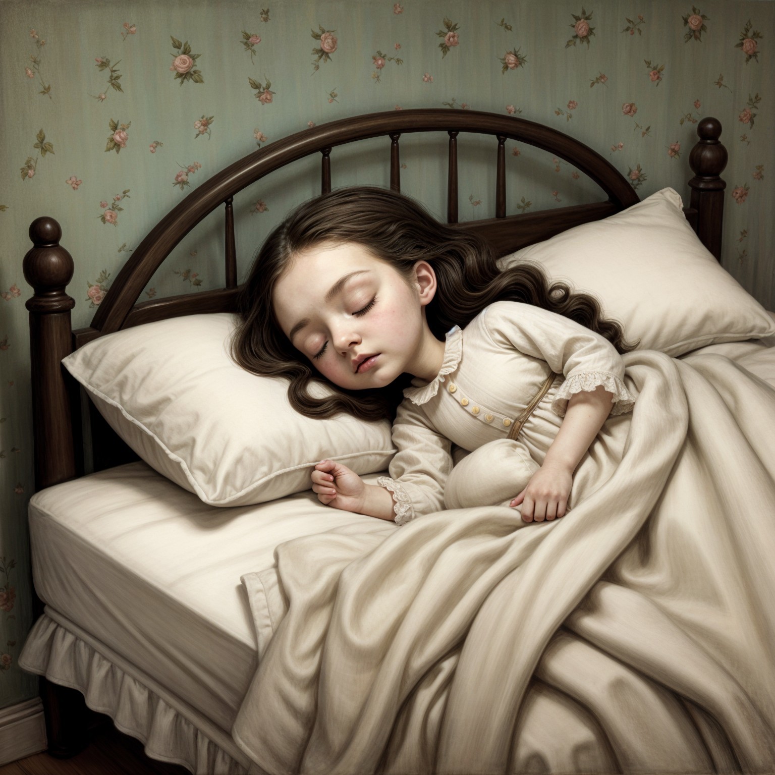 Young girl asleep in cozy vintage bedroom setting