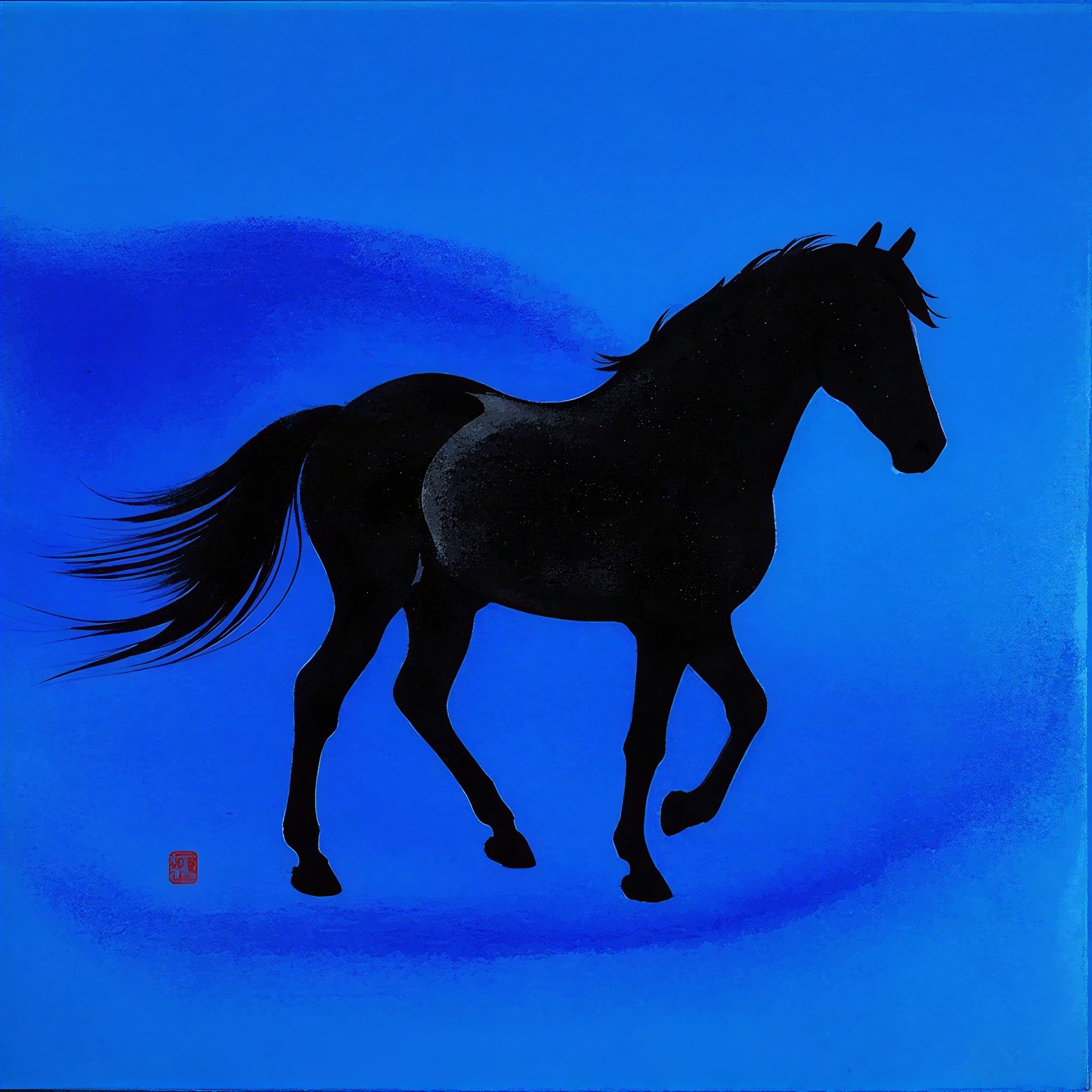 Black Horse on Bright Blue Background in Minimalist Style