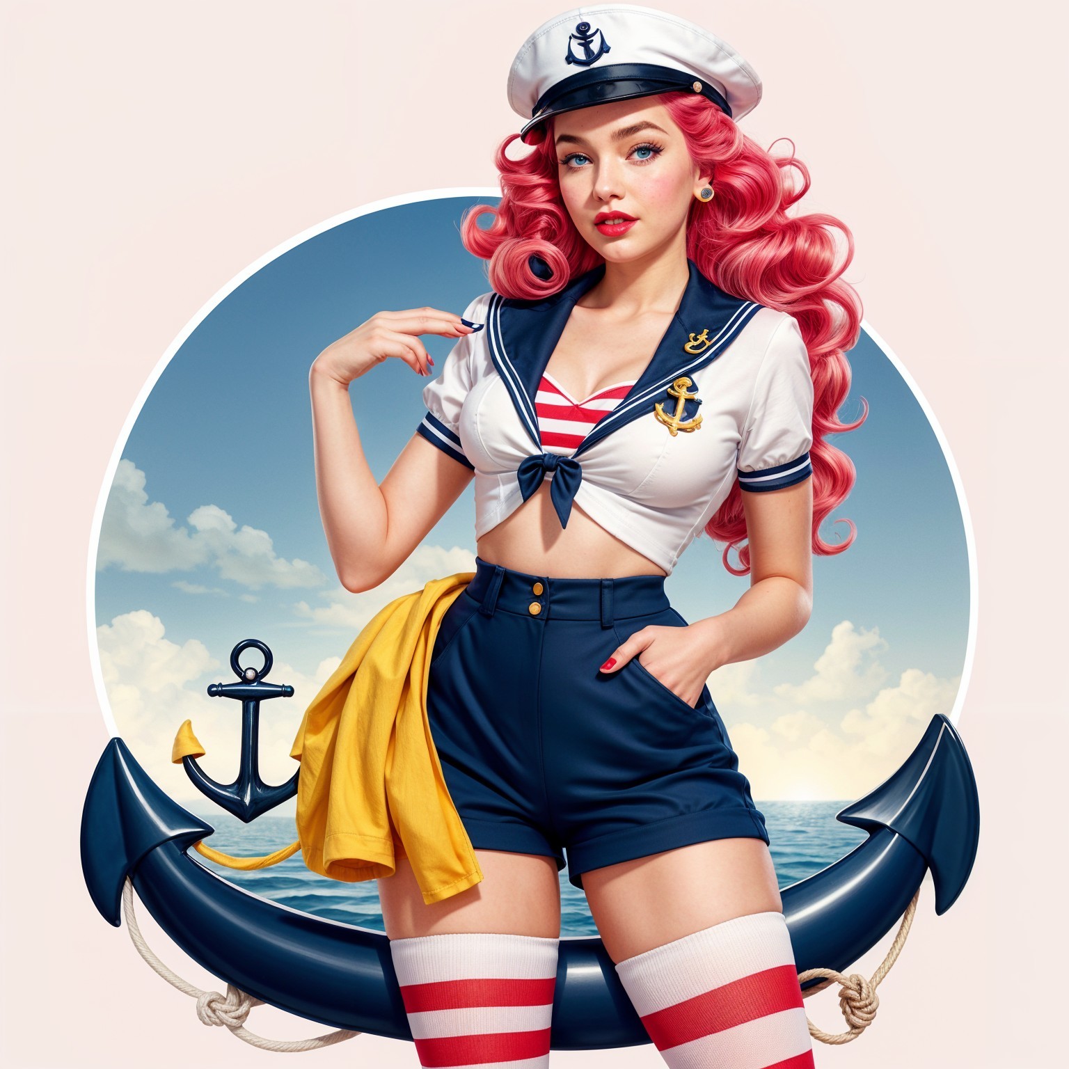 Nautical-Themed Vintage Pin-Up Girl in Classic Attire