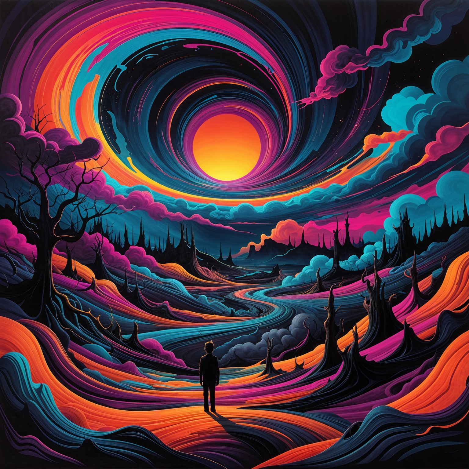 Surreal Landscape with Fiery Clouds and Twisted Trees