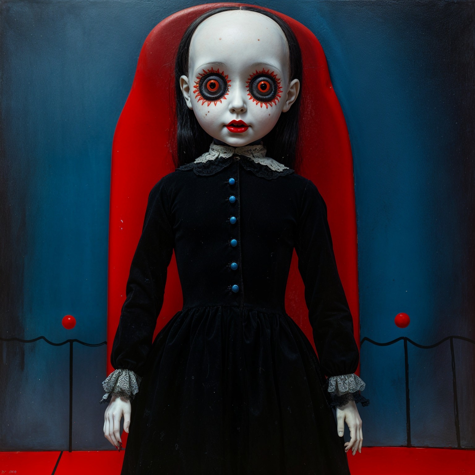 Creepy Porcelain Doll with Red-Rimmed Eyes and Lace Dress