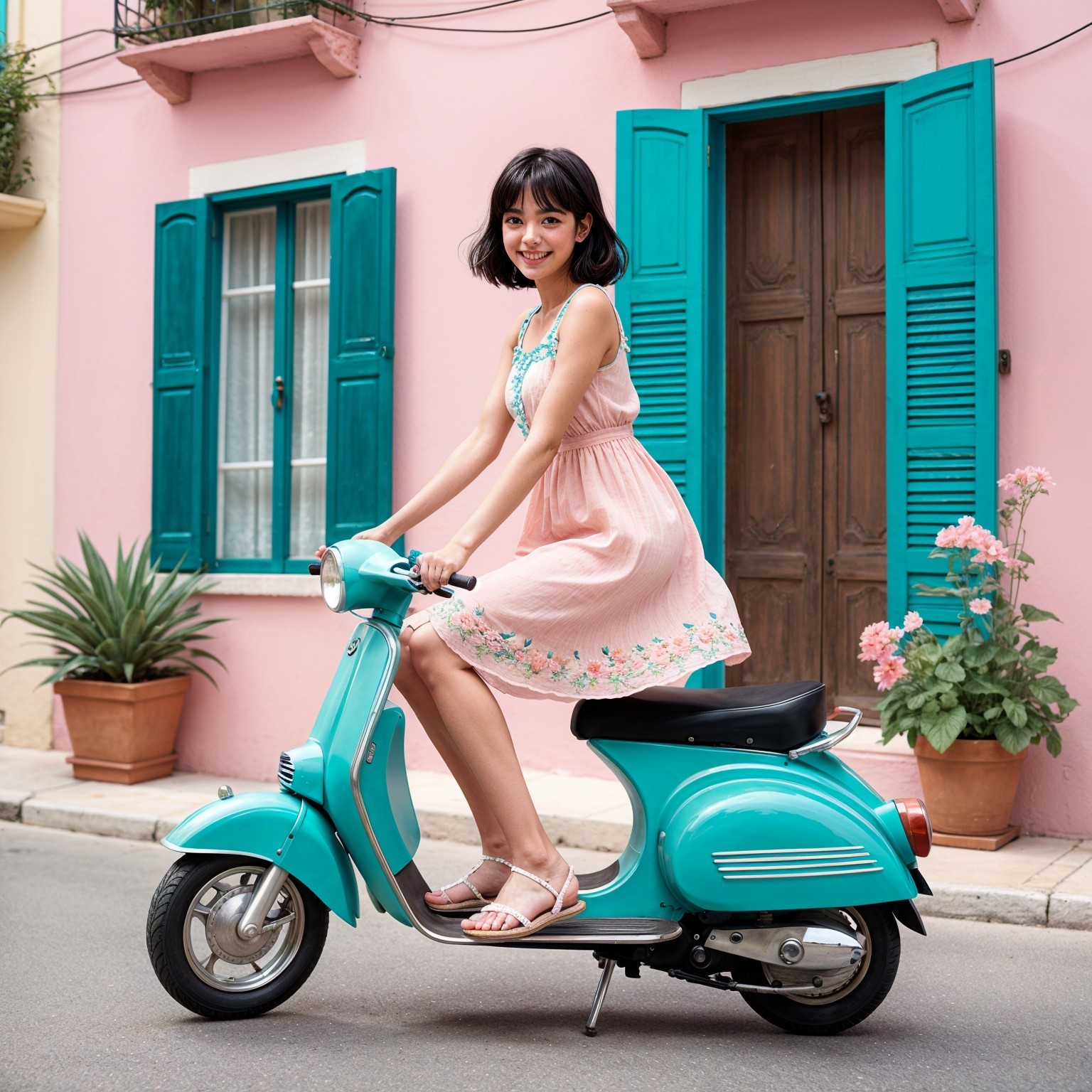 Young woman on vintage scooter in charming street scene