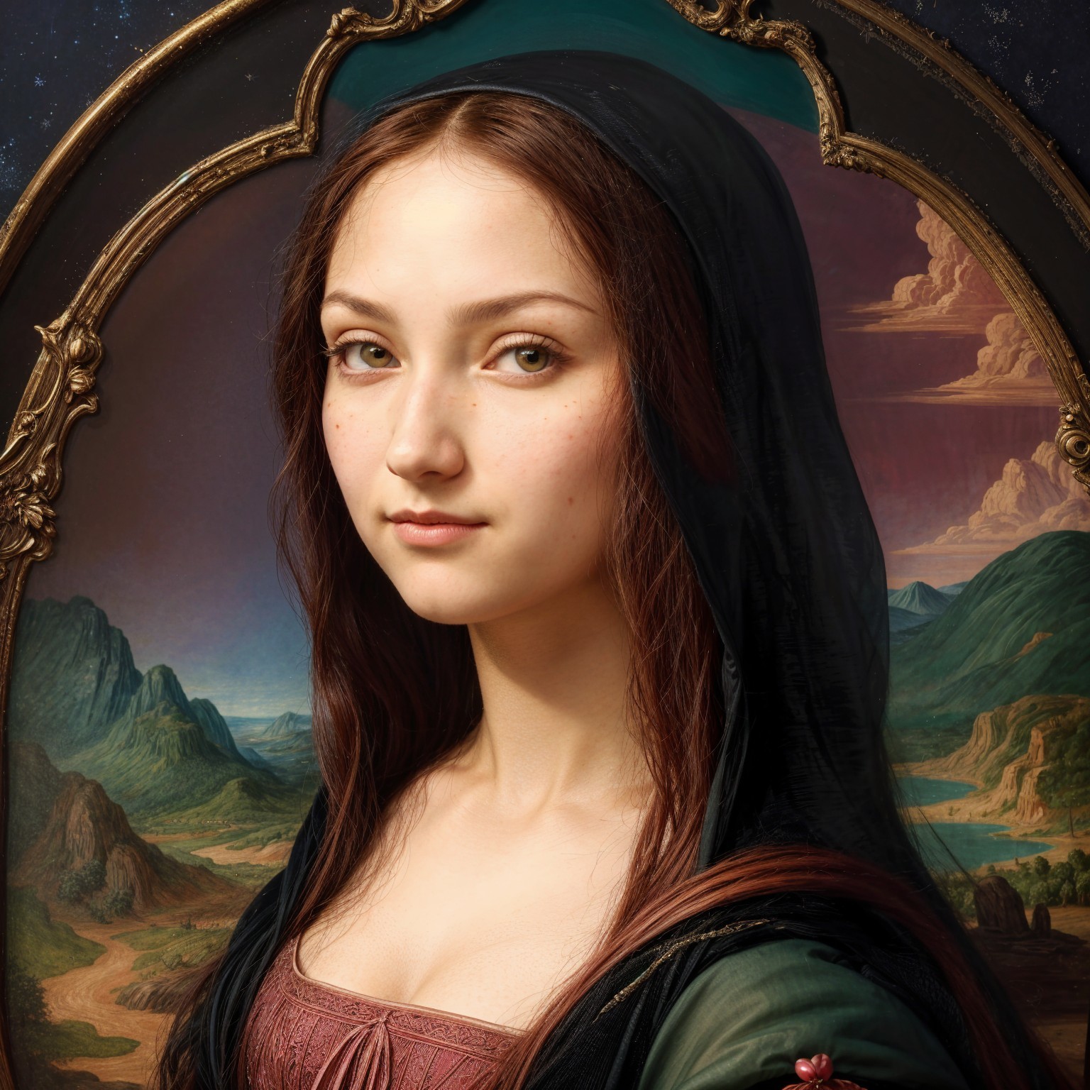 Young woman in dark hood with serene landscape backdrop