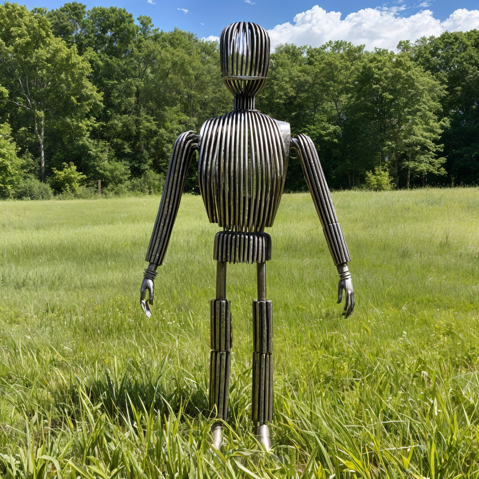 Metal Rod Humanoid Sculpture in Serene Landscape