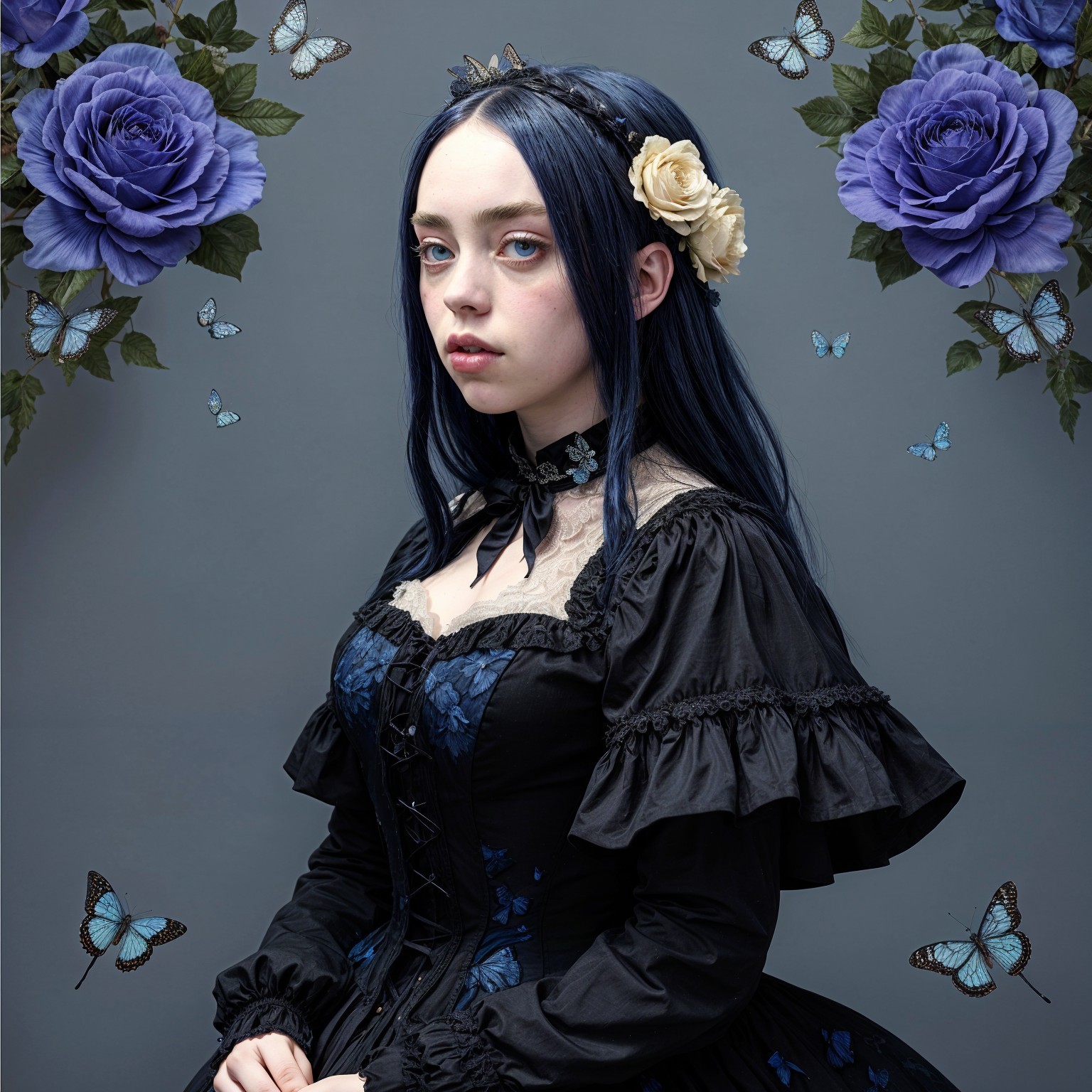 Young woman in Victorian dress with floral patterns