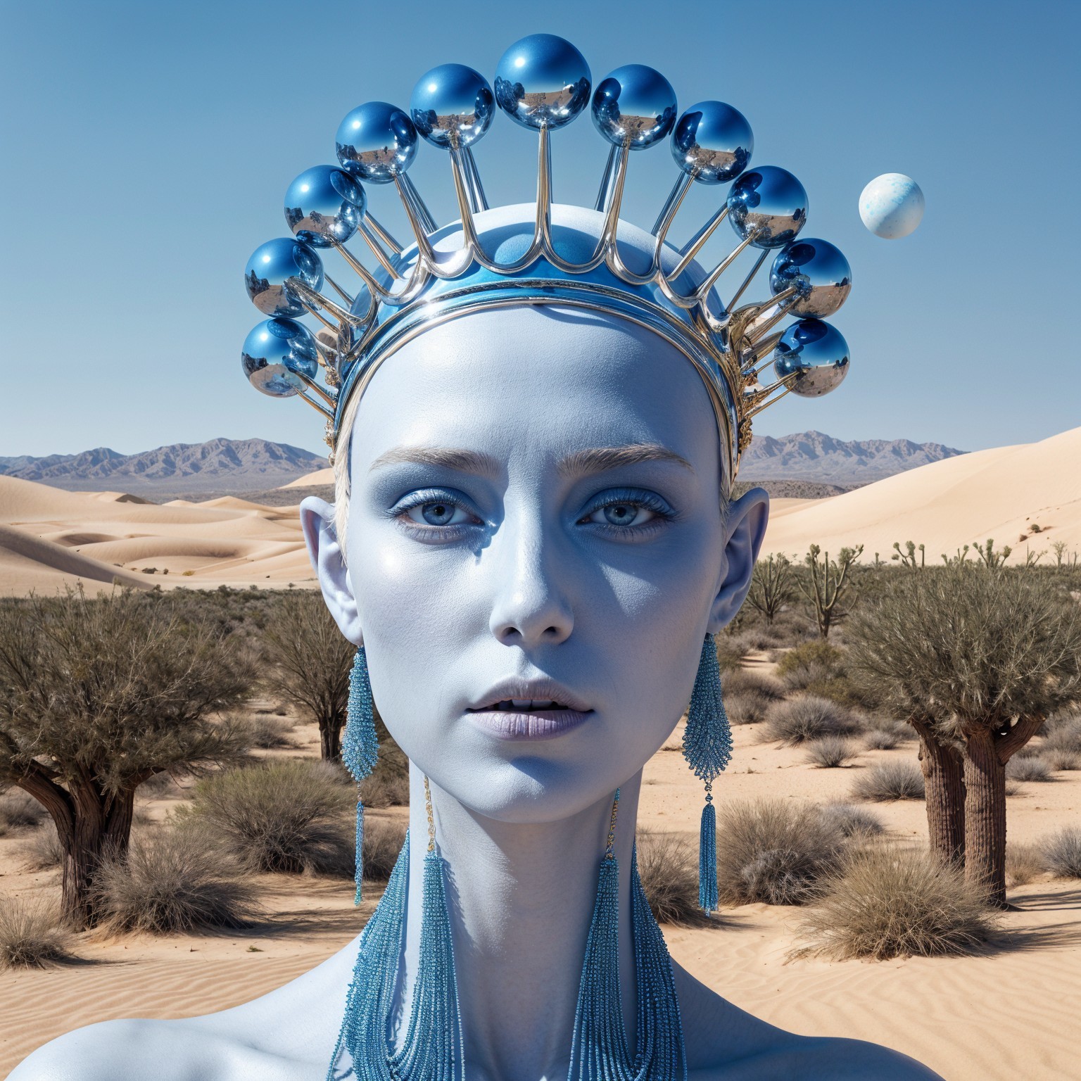 Figure in Desert with Metallic Crown and Blue Skin