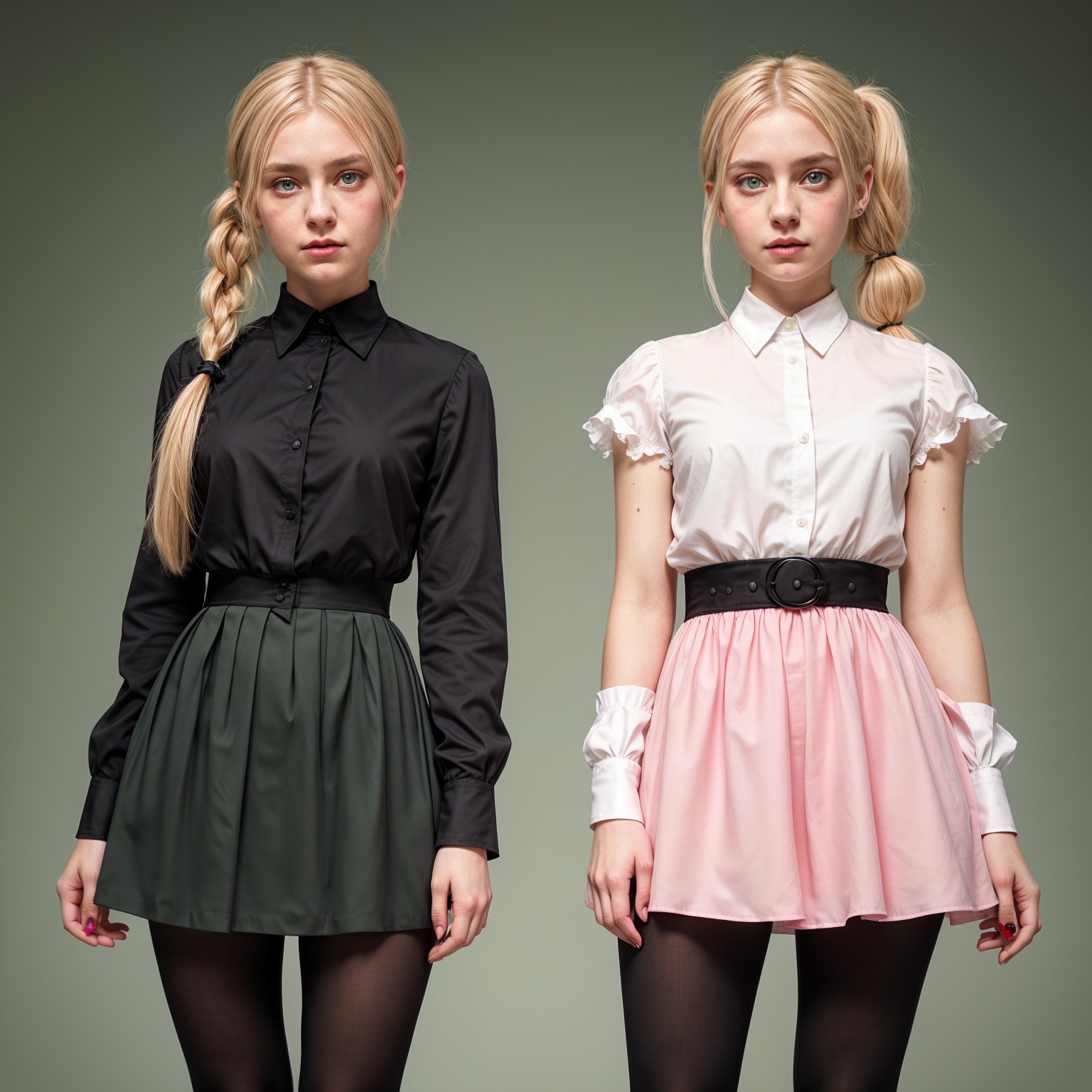 Young women in distinct outfits against green background