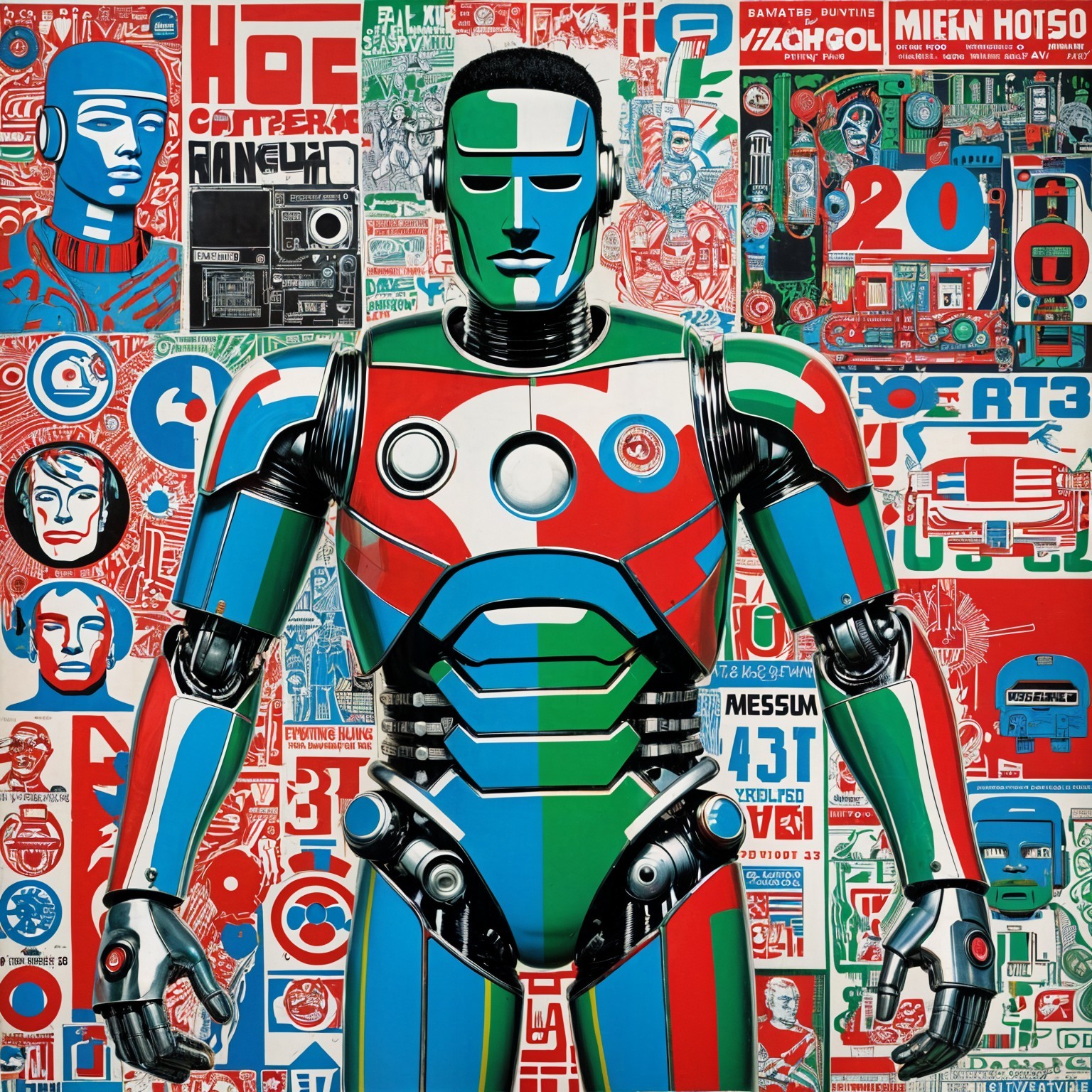 Stylized Robotic Figure with Retro Graphic Background