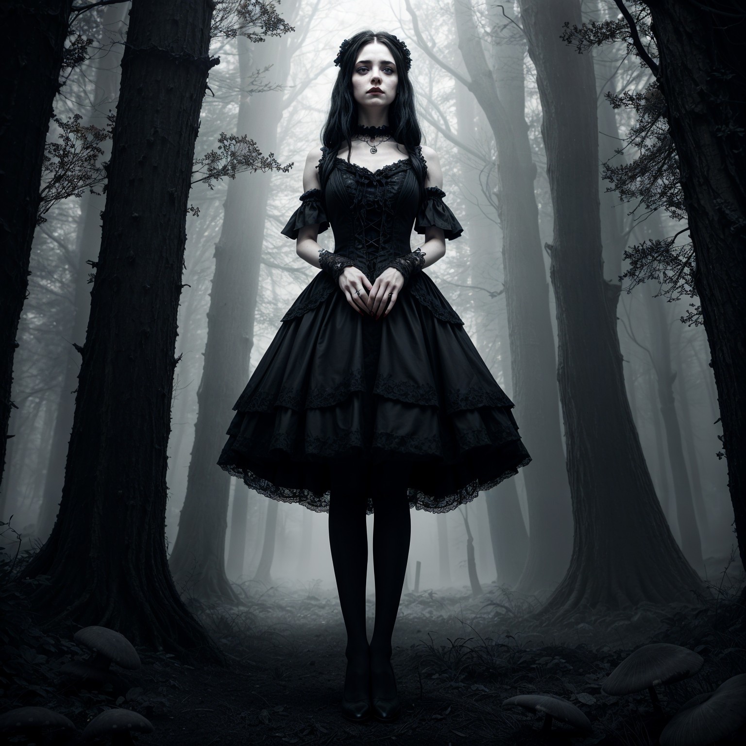 Gothic Elegance in a Misty Forest Setting