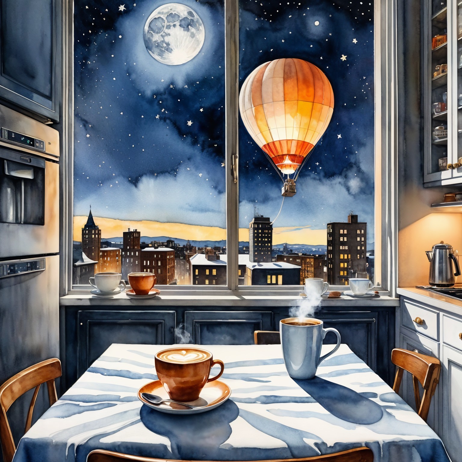 Cozy Kitchen with Night Sky and Cityscape View