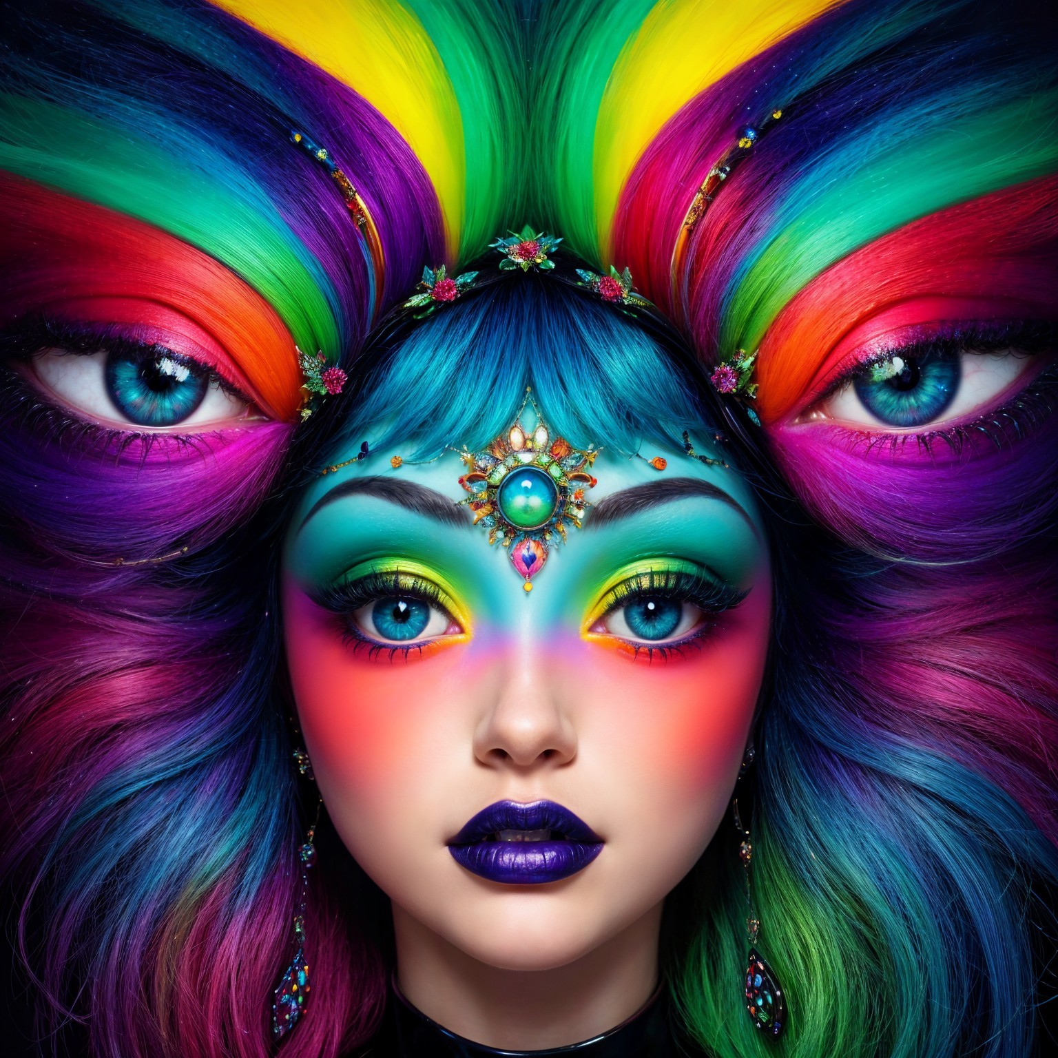 Surreal Portrait with Vibrant Peacock-Inspired Hair