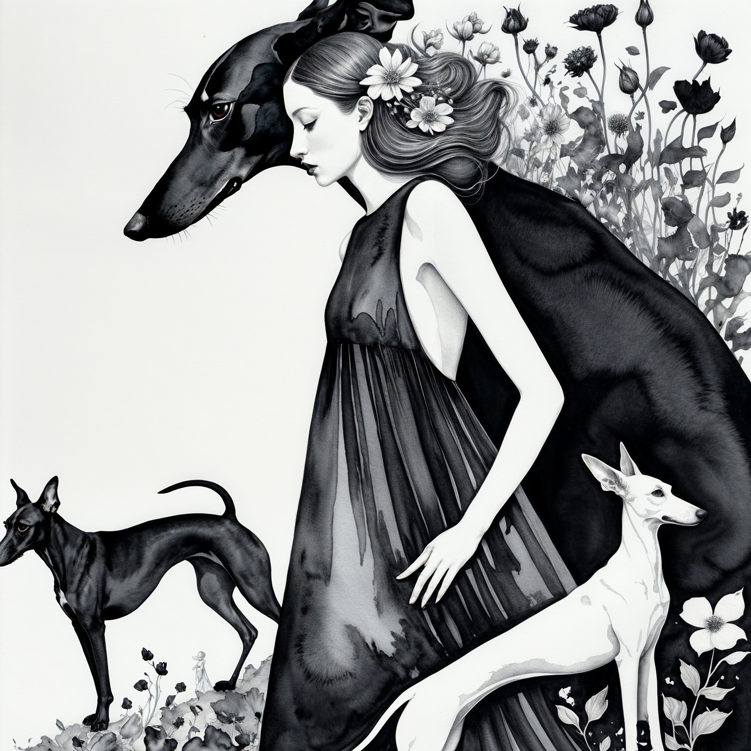 Surreal Black and White Artwork of Woman and Greyhounds