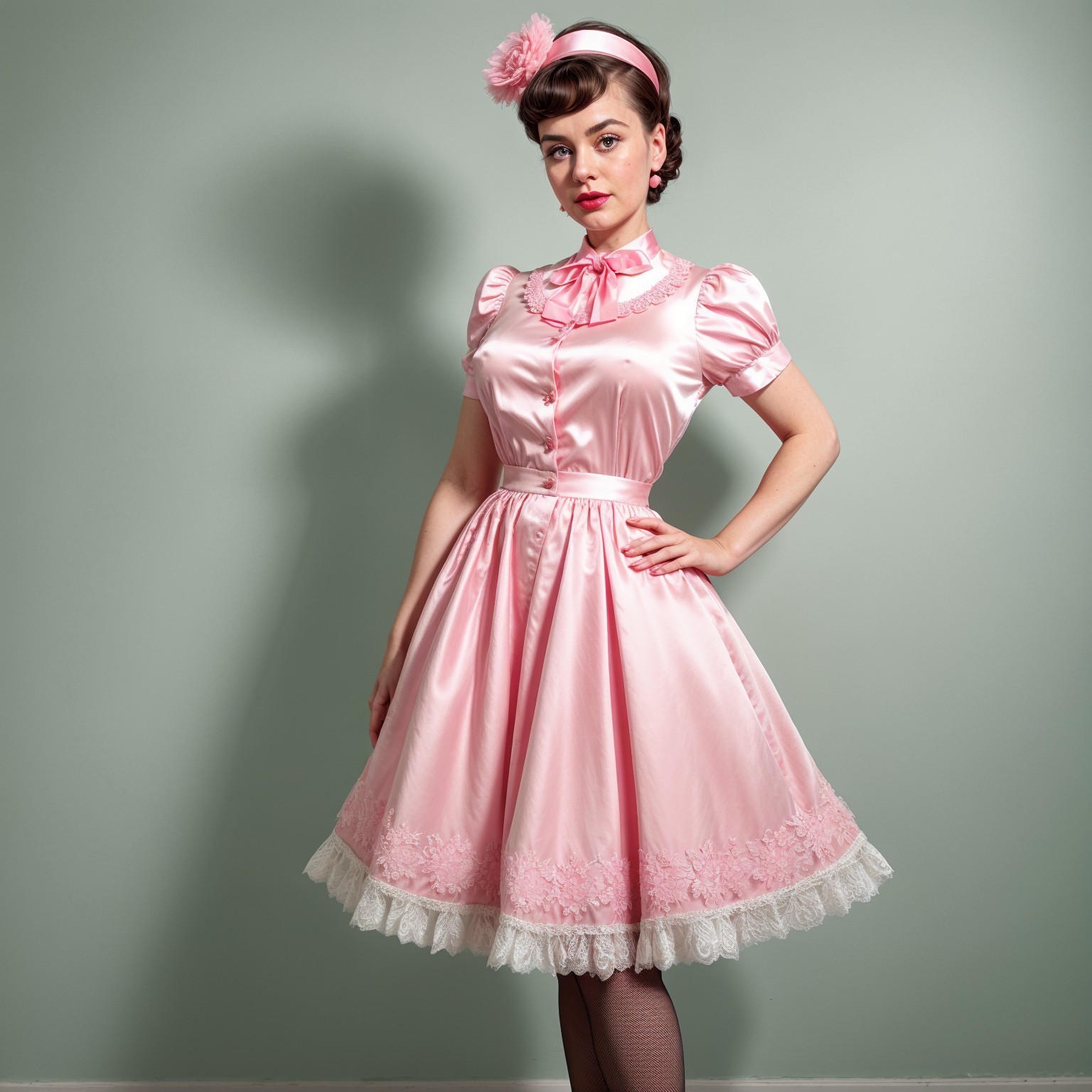 Vintage Pink Satin Dress with Puffed Sleeves and Lace