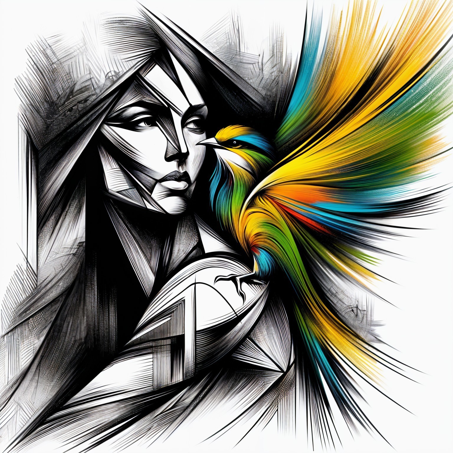 Abstract Woman and Vibrant Bird in Dynamic Harmony