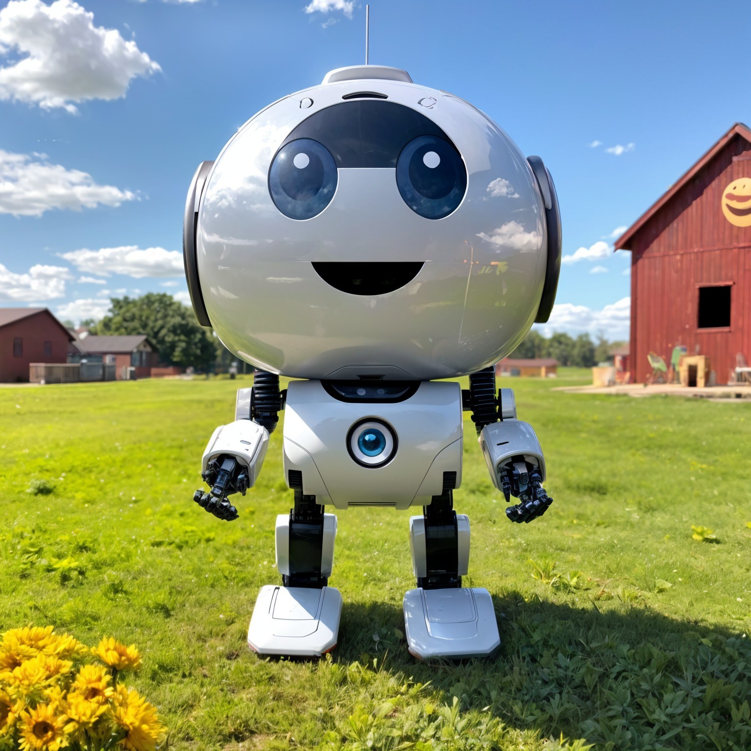 Humanoid Robot on Lush Lawn with Barn and Sky