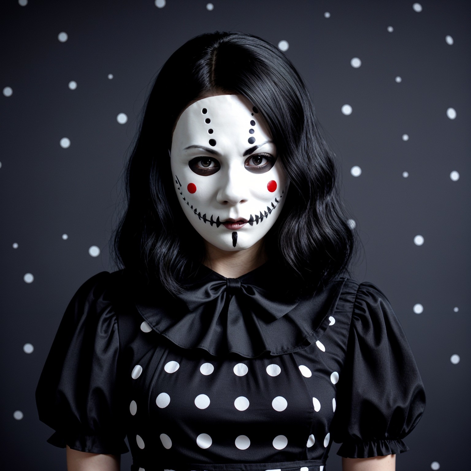 Figure in Black Dress with Polka Dots and Mask