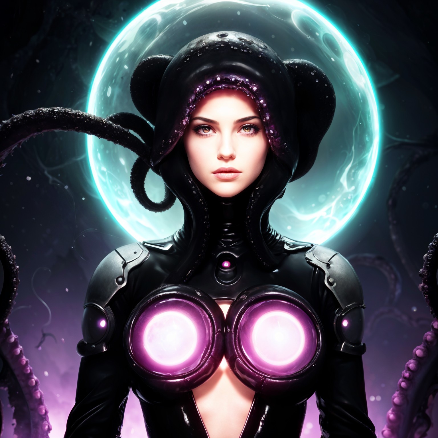 Futuristic Figure in Black Attire with Octopus Helmet