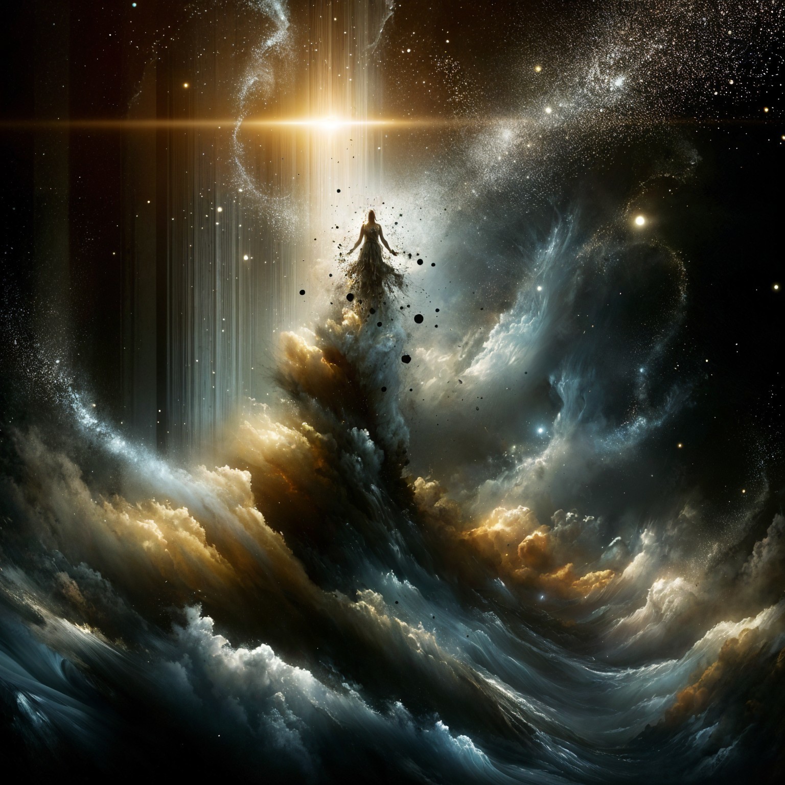 Cosmic Scene with Figure and Vibrant Galaxies