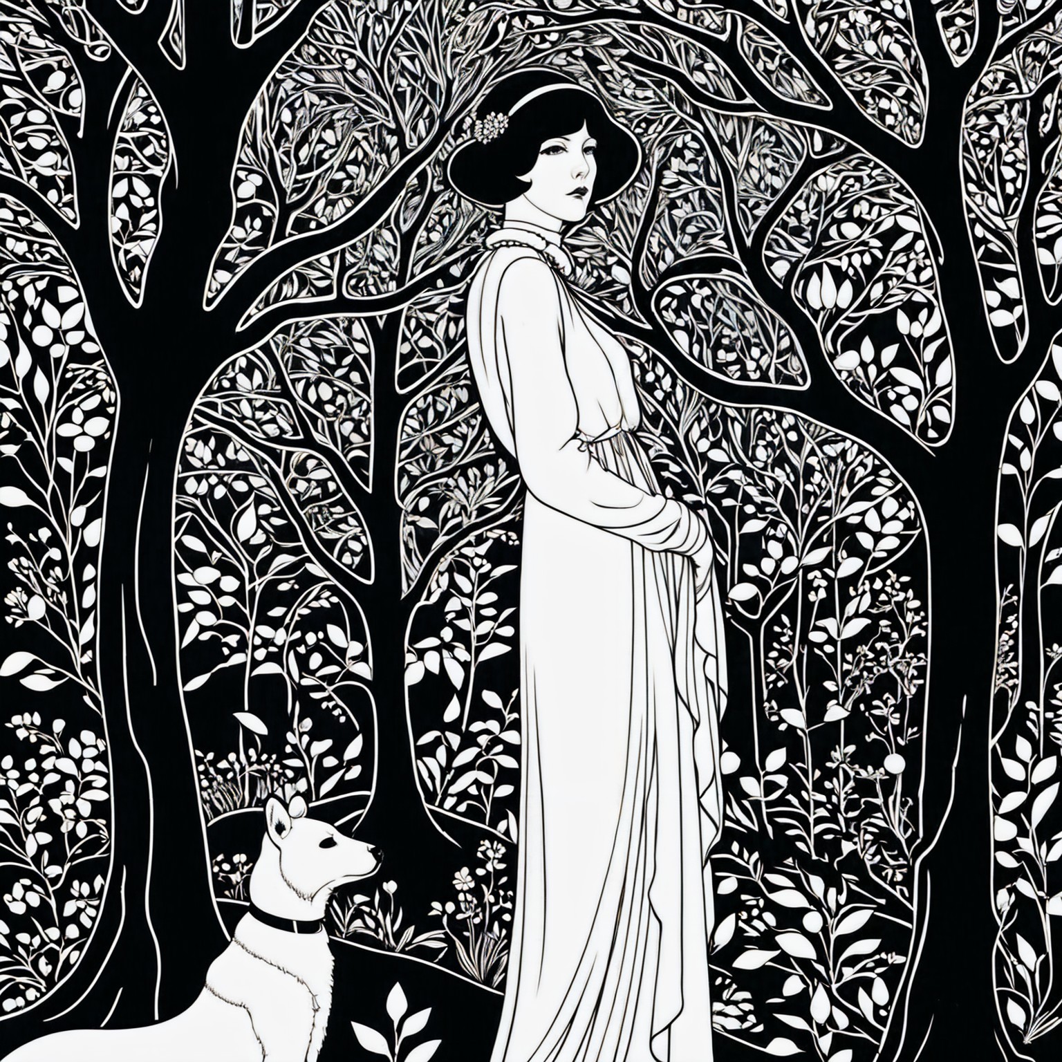 Elegant Woman in Flowing Dress with Dog in Landscape