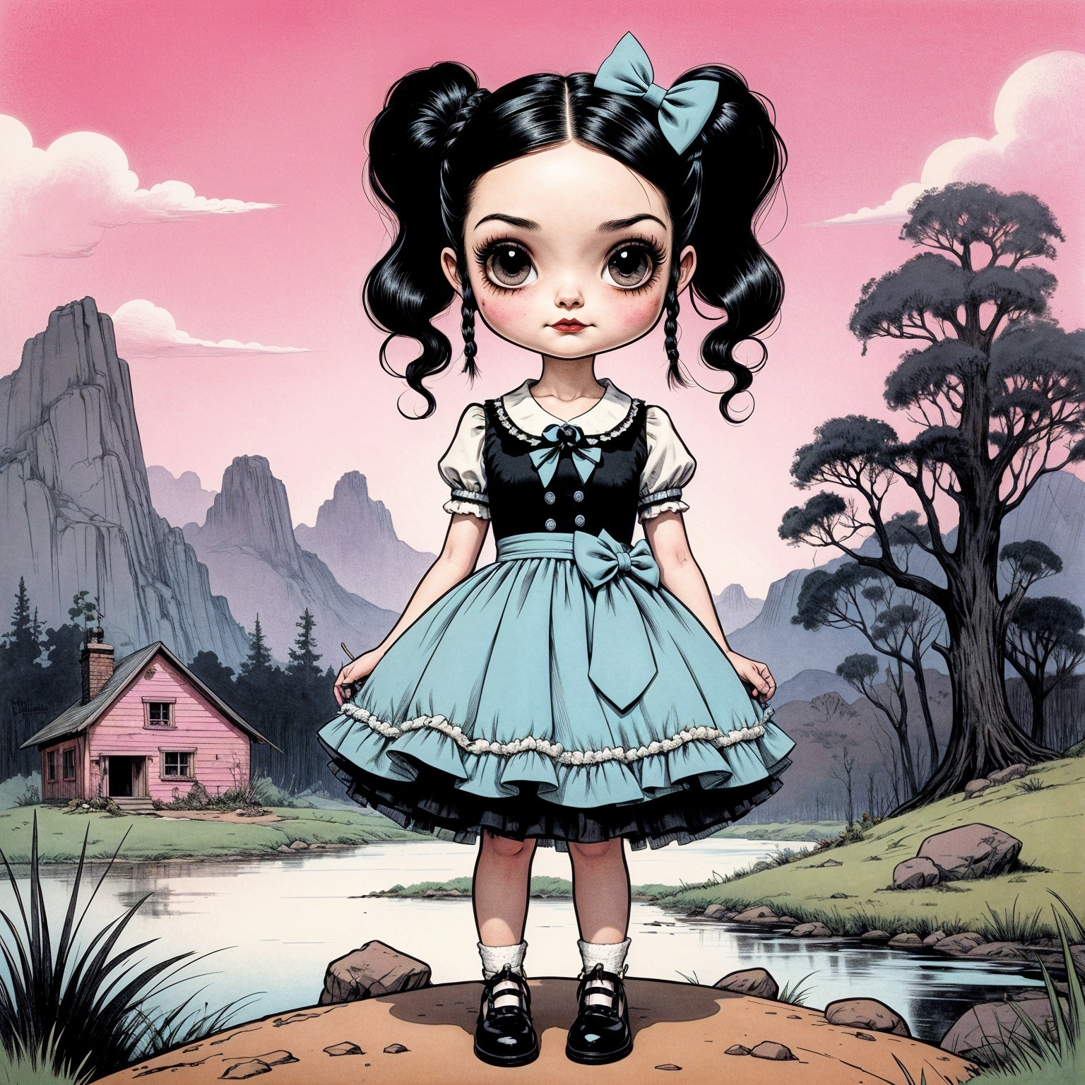 Whimsical Illustration of a Girl by a Calm River