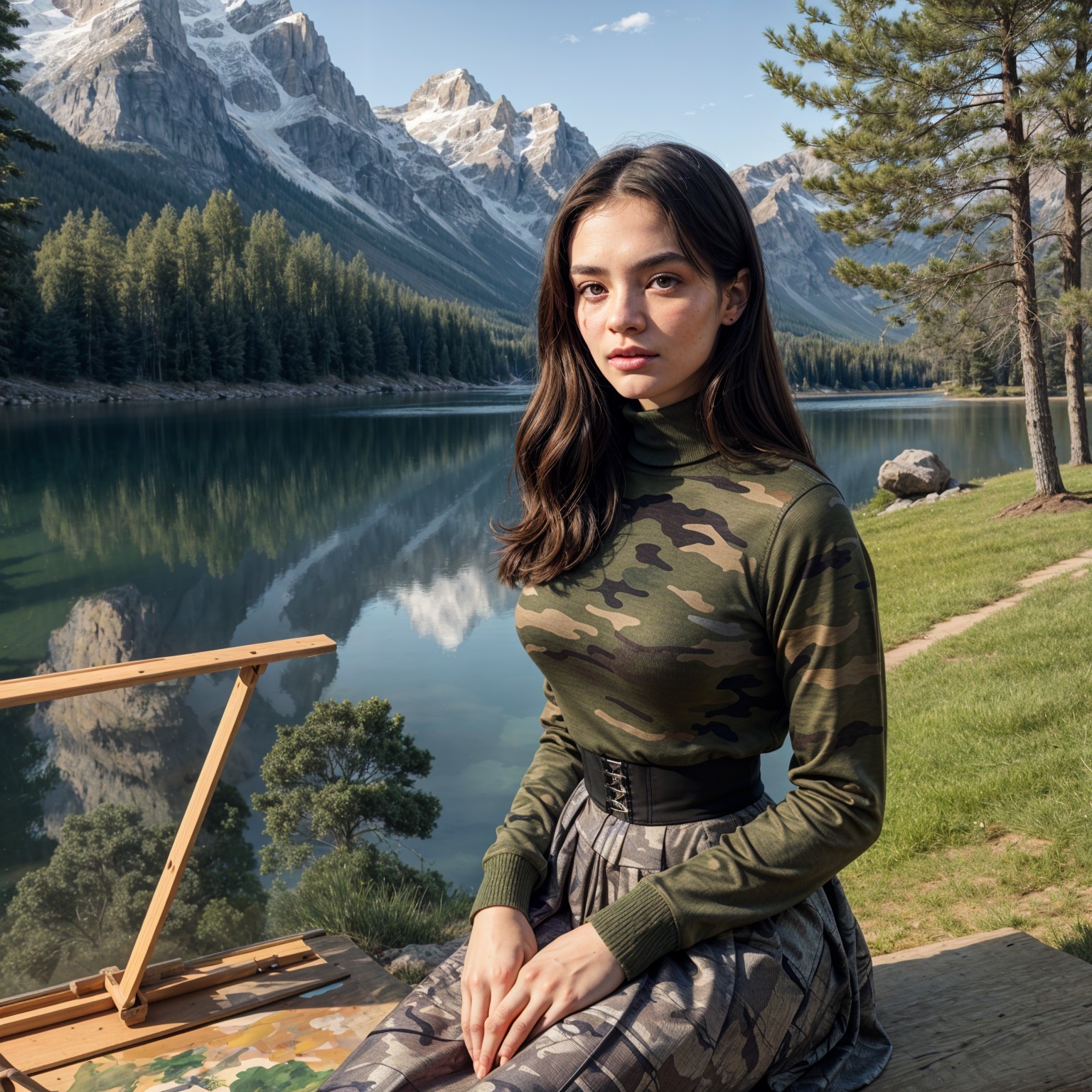 Young woman by tranquil lake with mountains backdrop