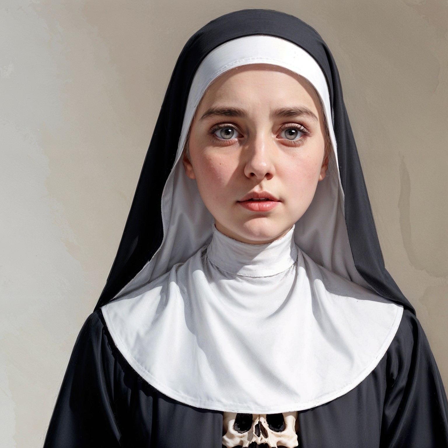 Young nun in black habit with skull motif against muted background