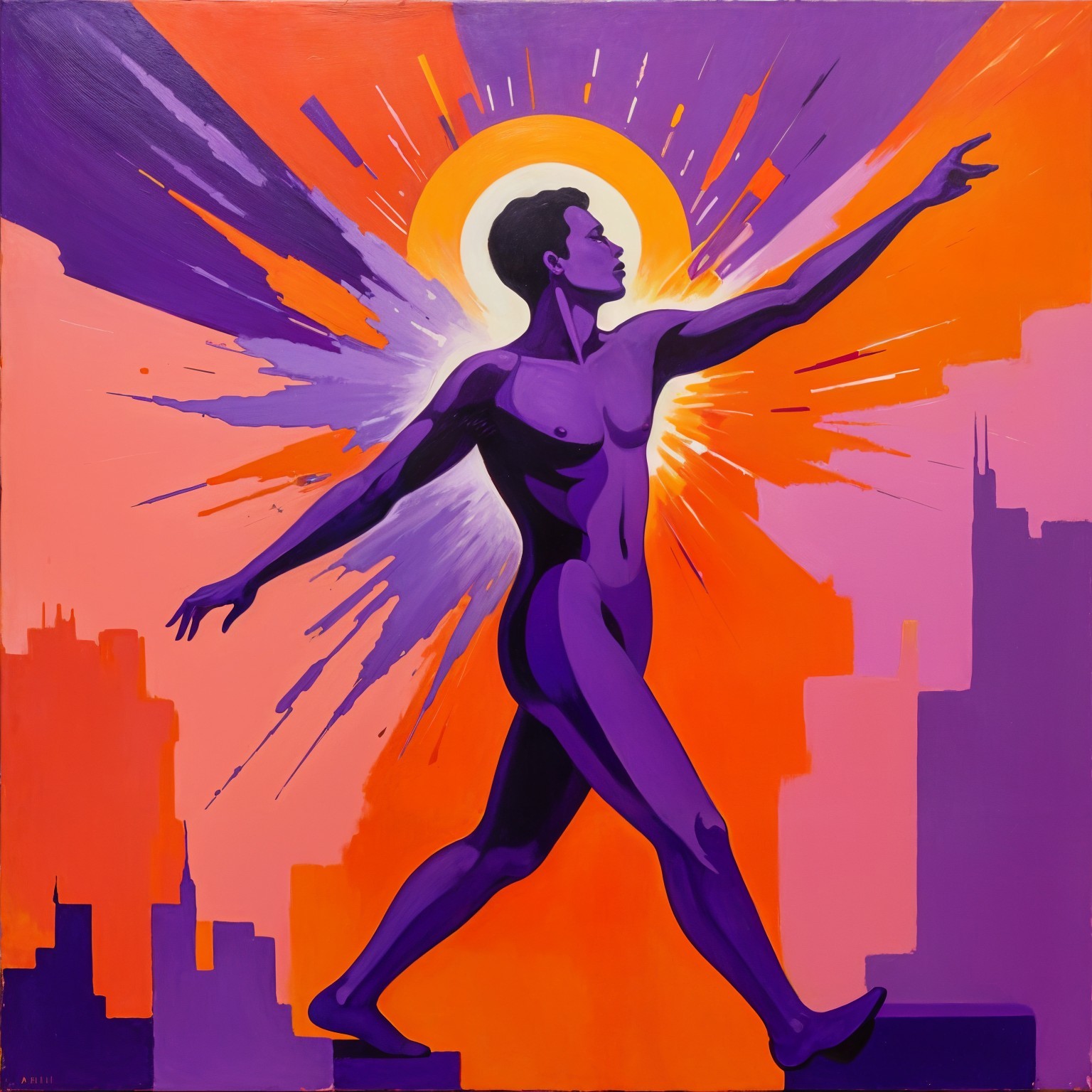 Striking Figure in Purple with Radiant Background