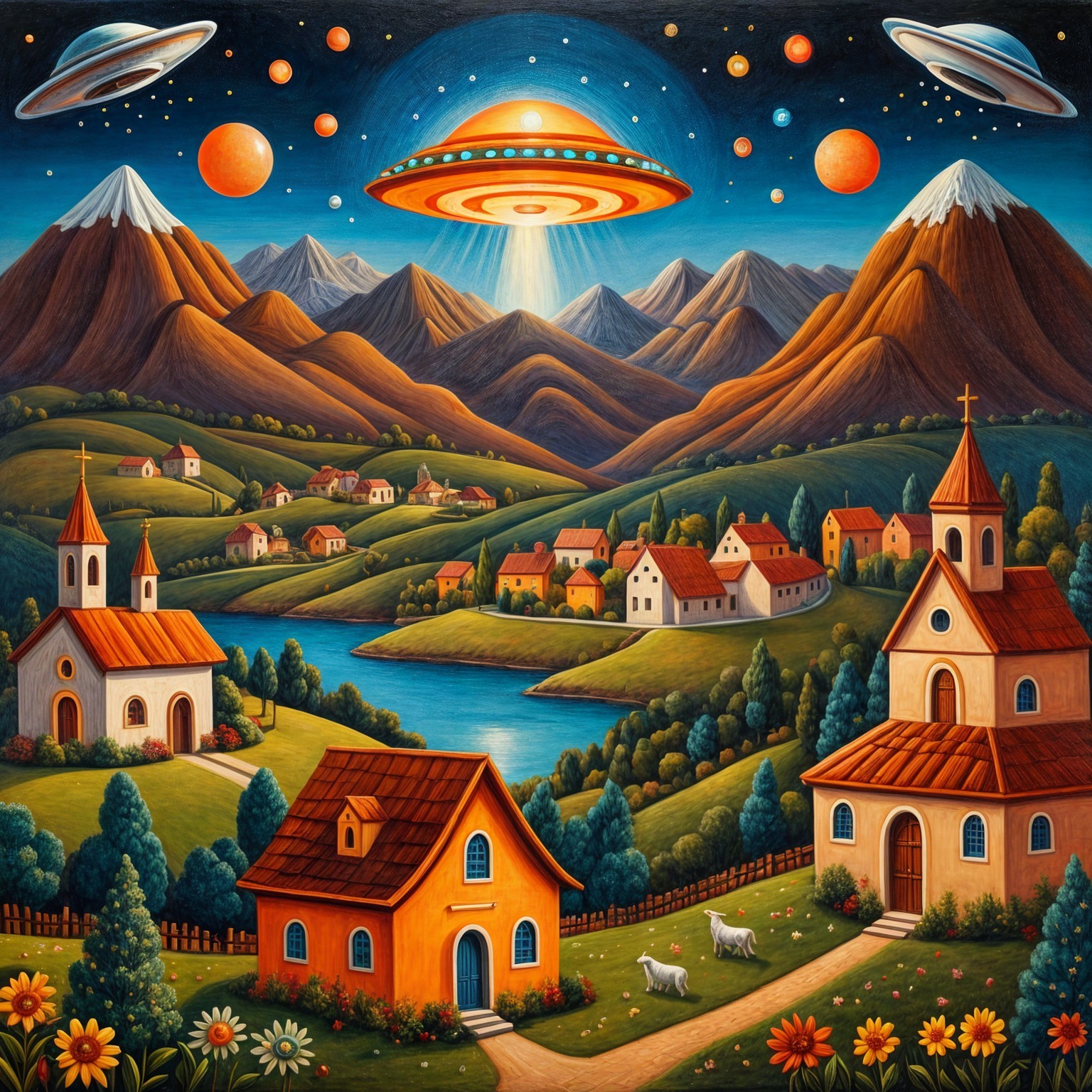 Whimsical Landscape with Hills, Houses, and UFO