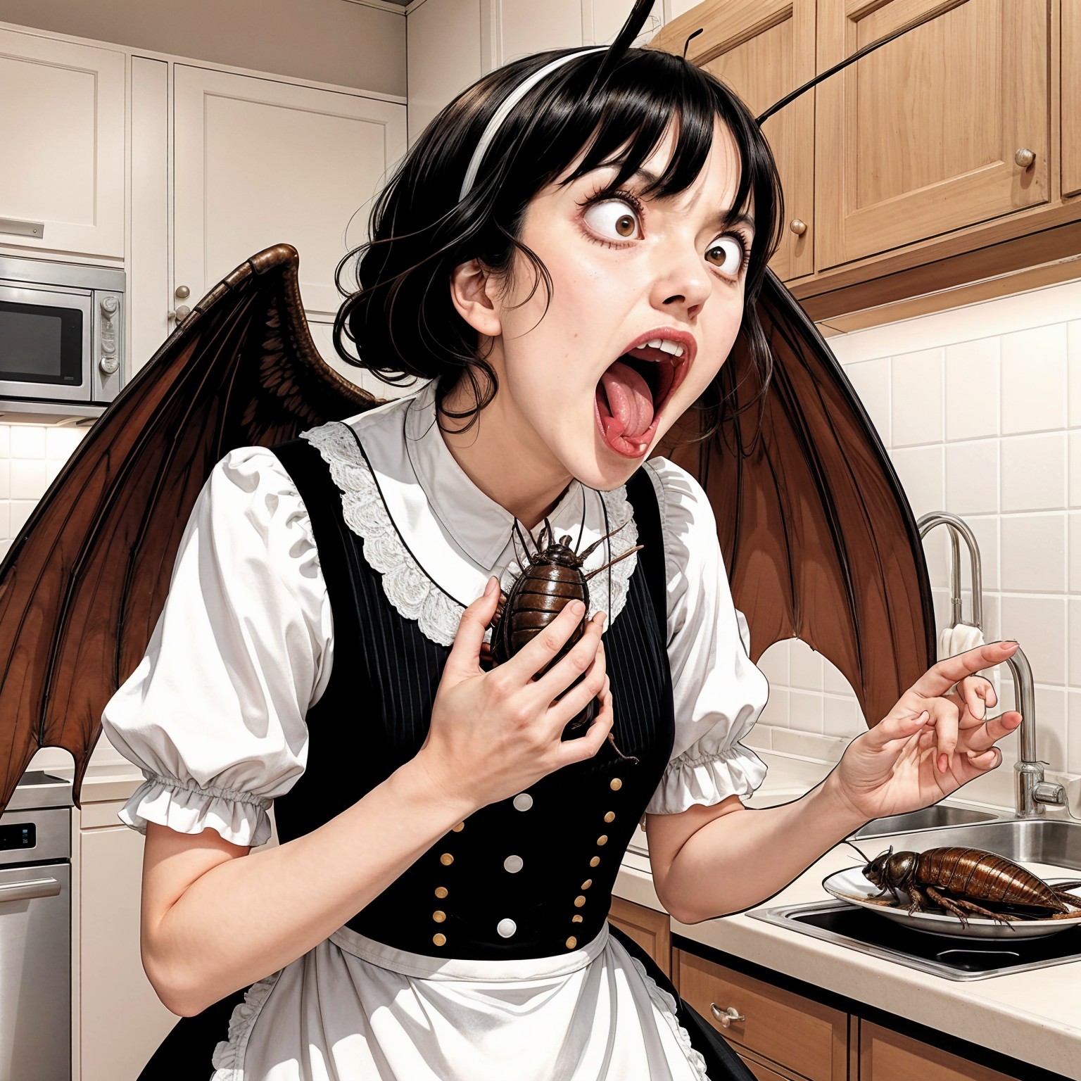 Young Woman in Vintage Maid Outfit with Bat Wings