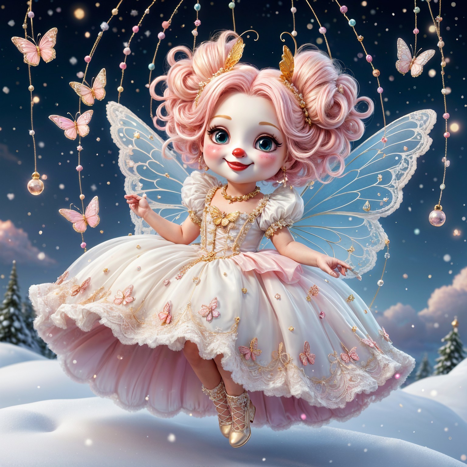Whimsical Fairy Doll in Snowy Landscape with Butterflies