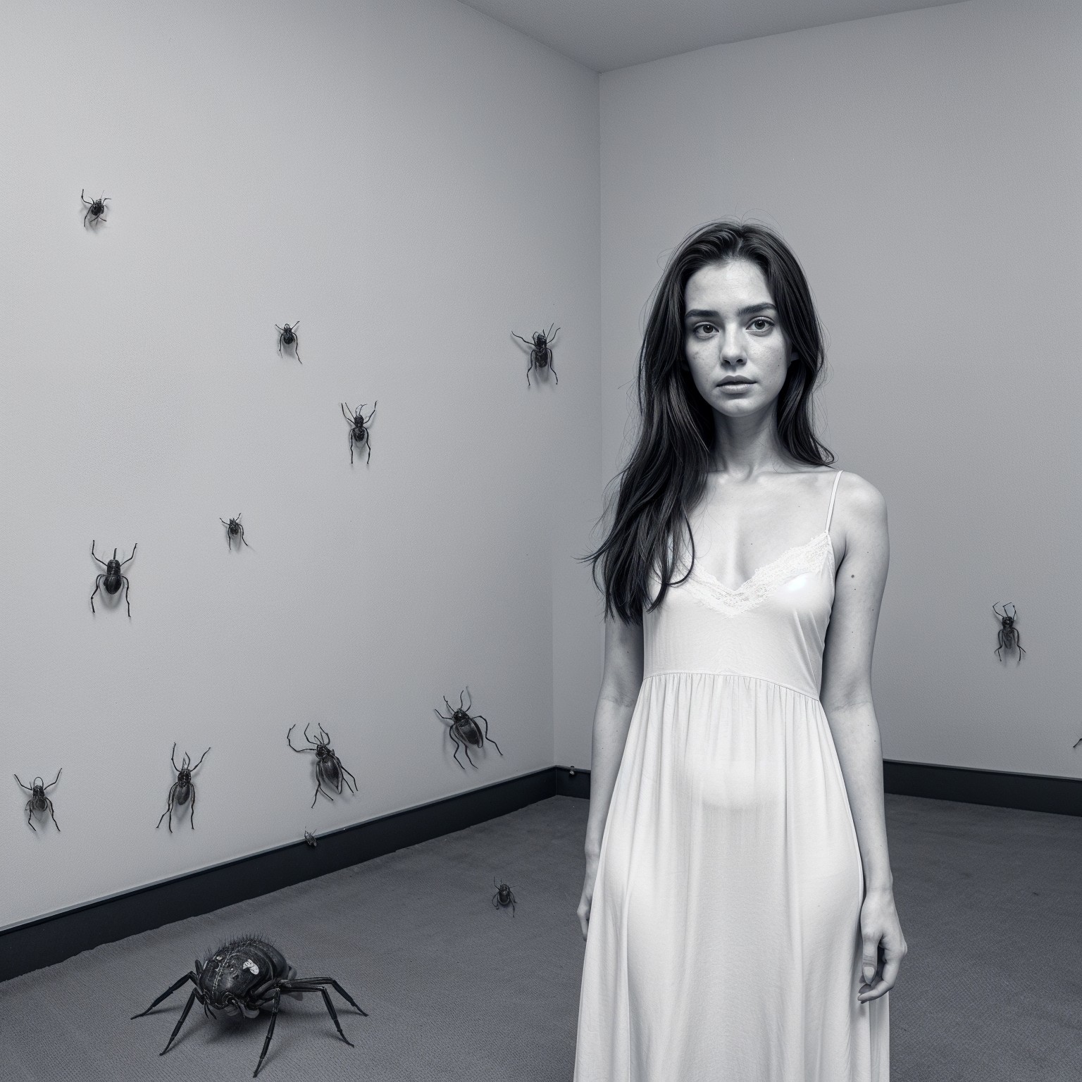 Young woman in white dress amid dark spiders in room