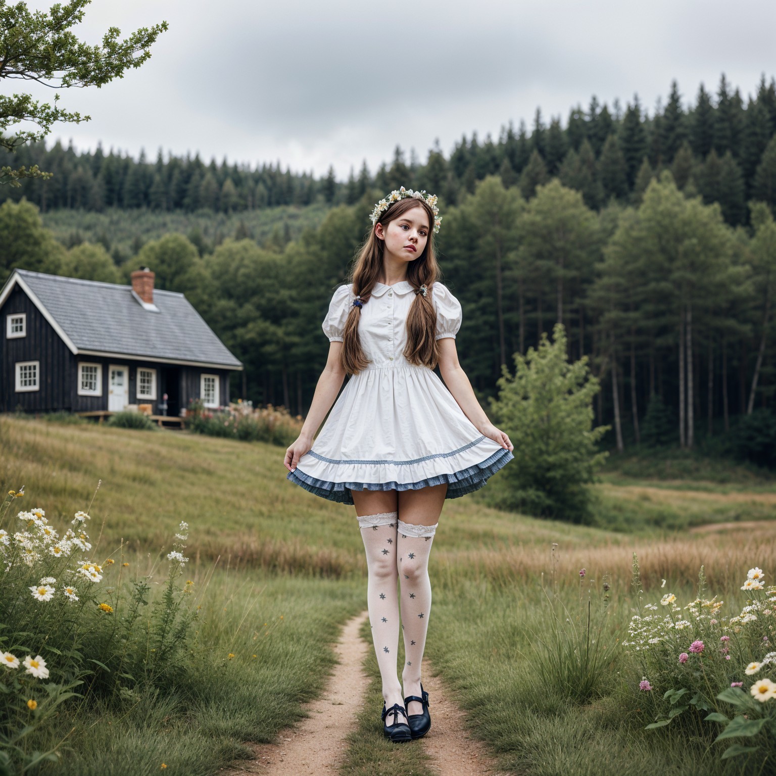Young girl in vintage dress by charming black house