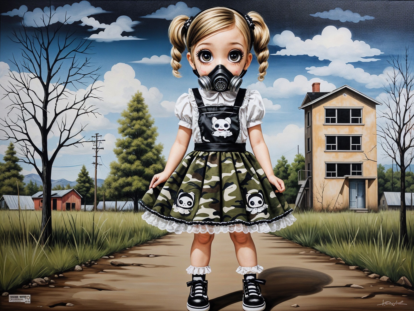 Young girl in camo skirt with gas mask on a path