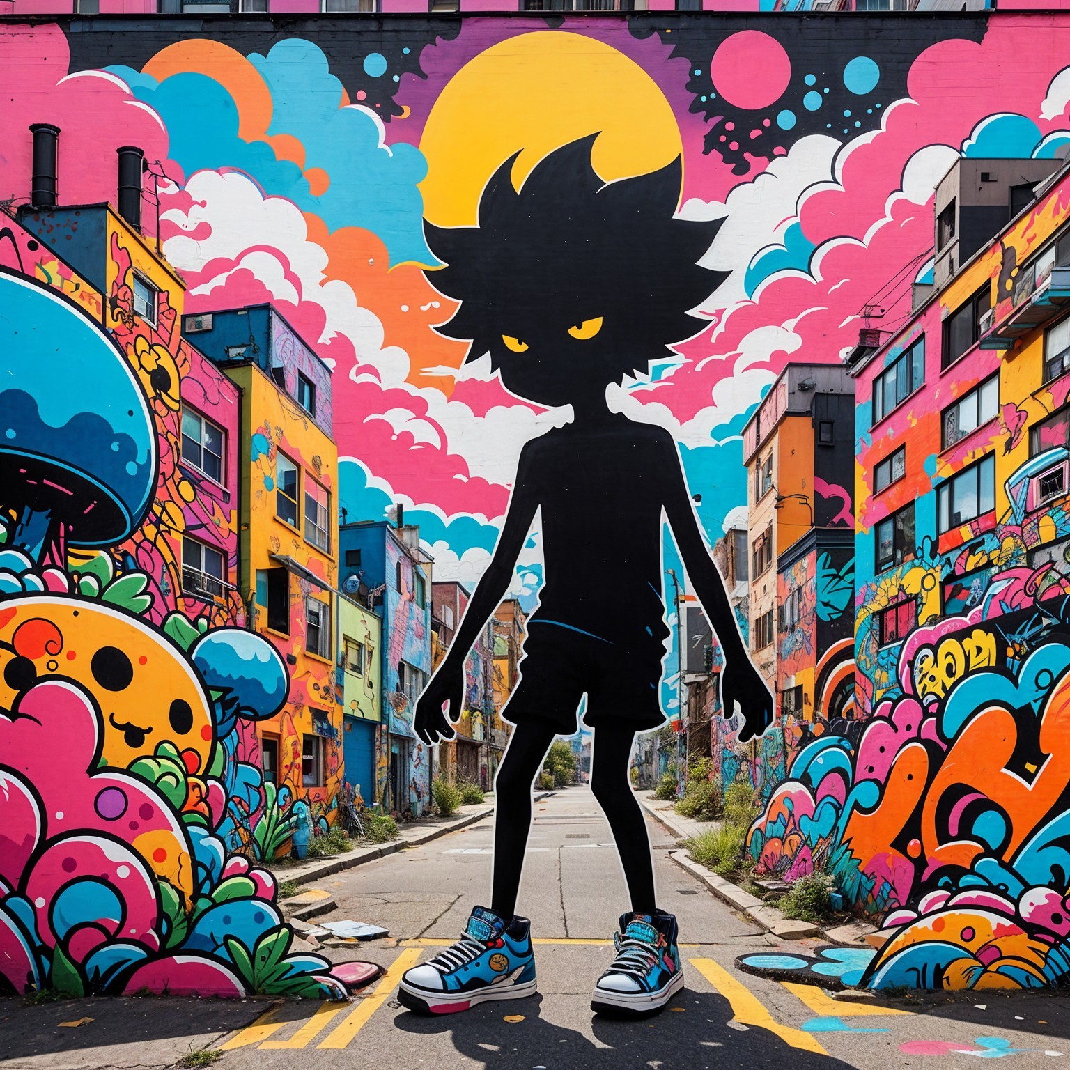 Urban Mural Featuring Silhouetted Character and Graffiti