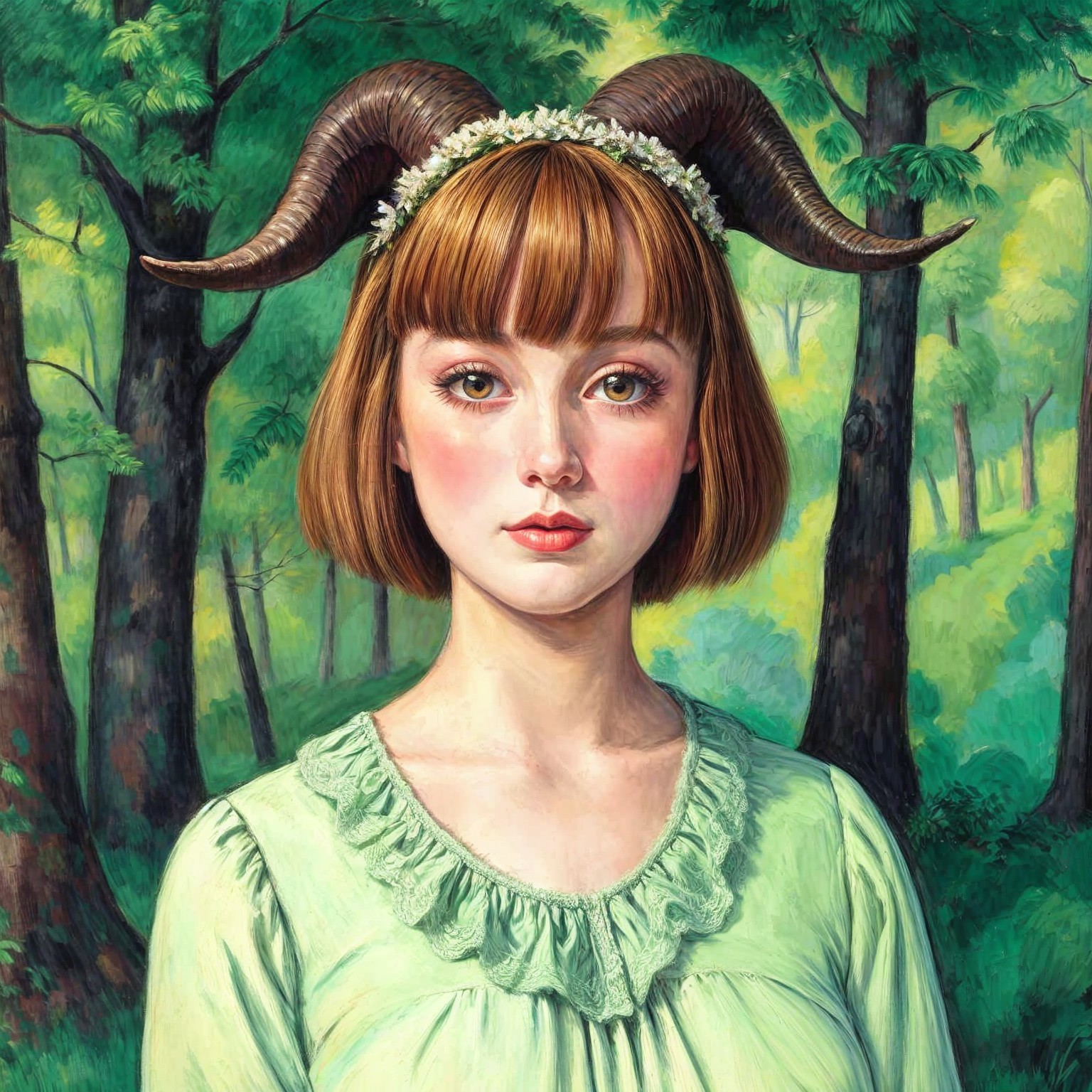 Young woman in forest with floral horned hairstyle