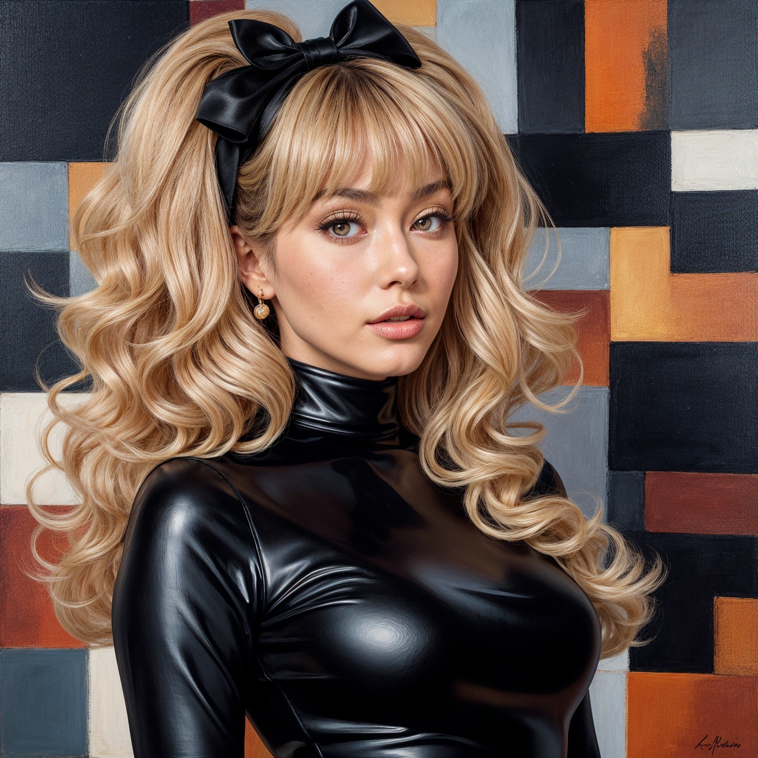 Young woman in black latex with curly blonde hair