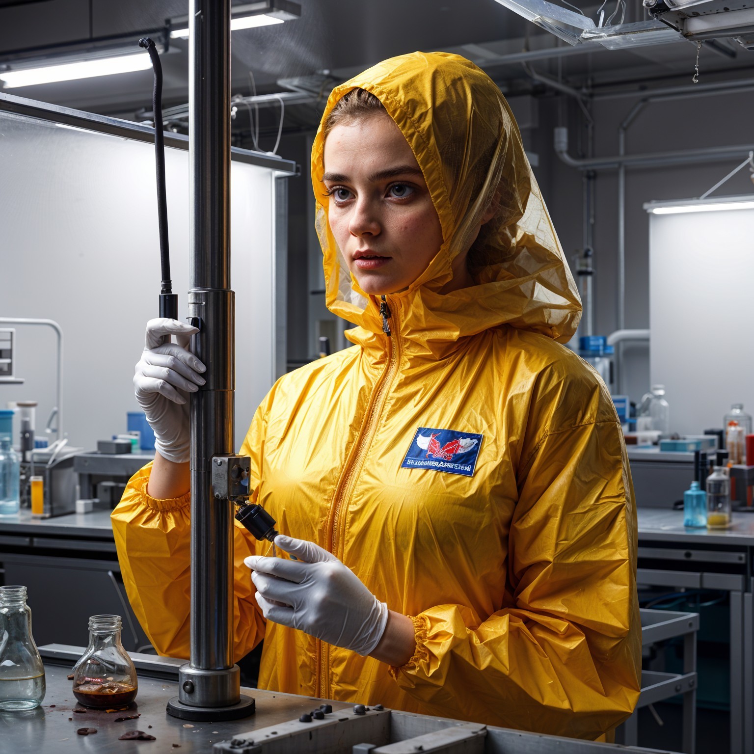 Young Scientist in Modern Lab with Colorful Liquids