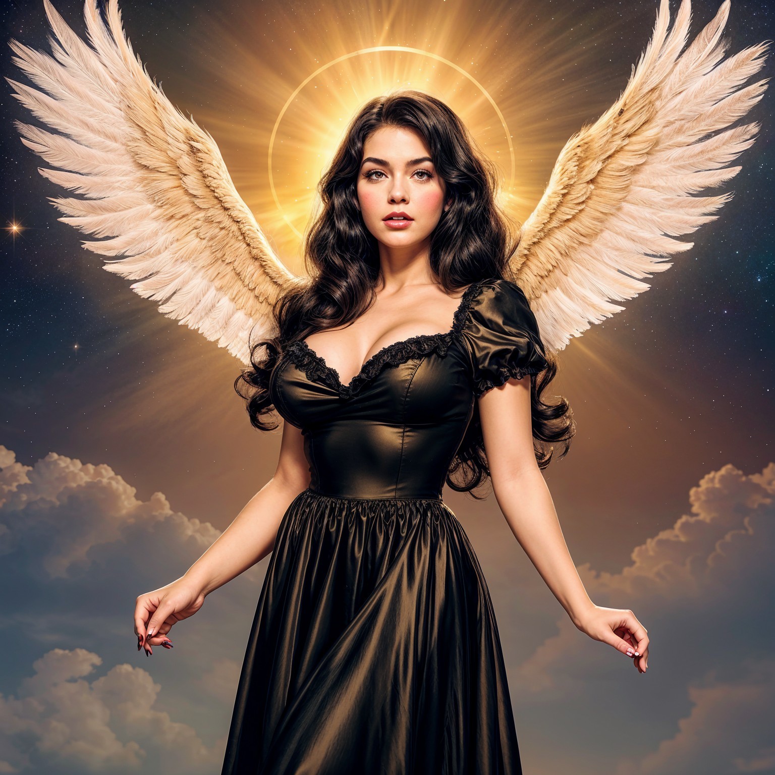 Woman with Dark Hair and Ethereal Wings in Celestial Scene