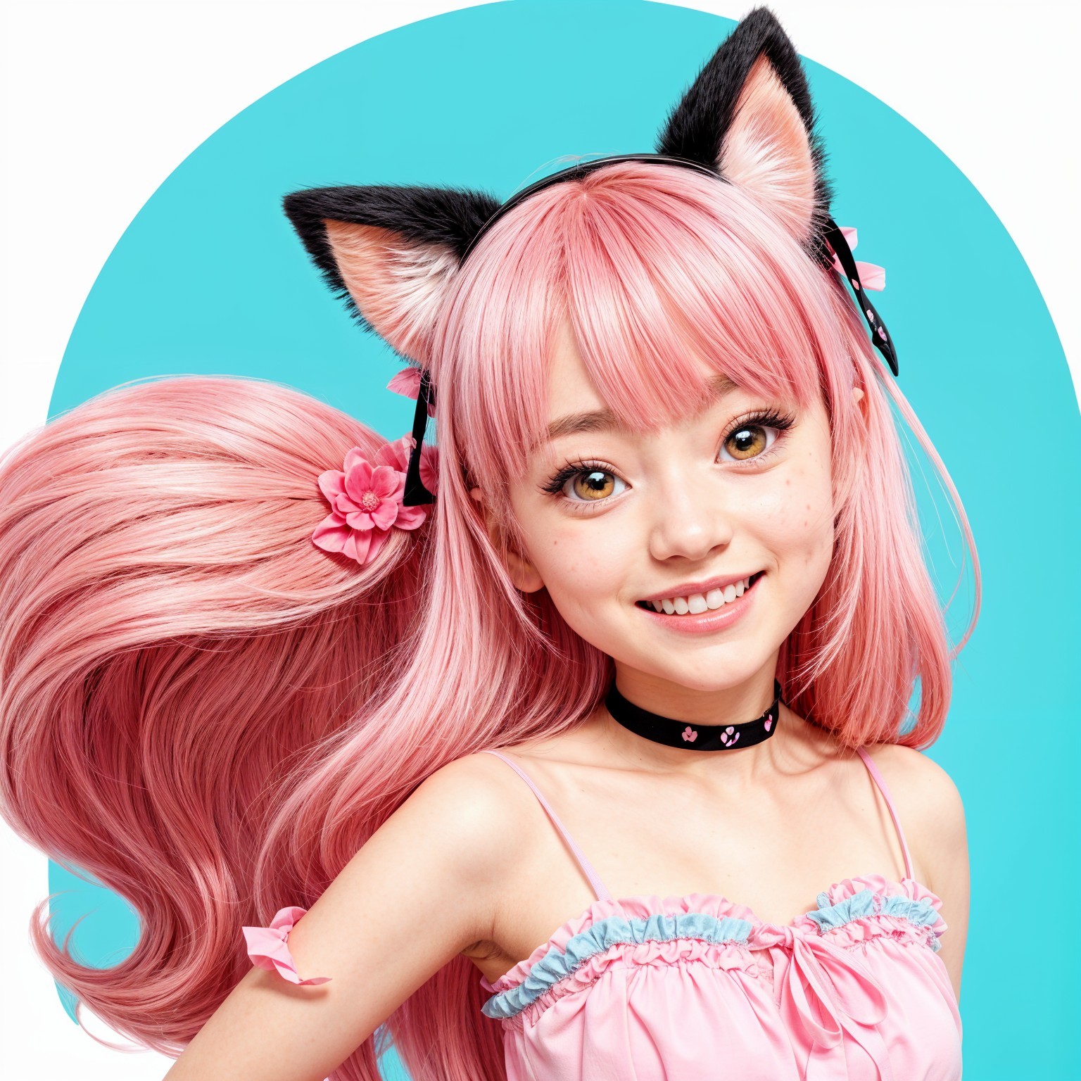 Young girl with pink hair in playful outfit and backdrop