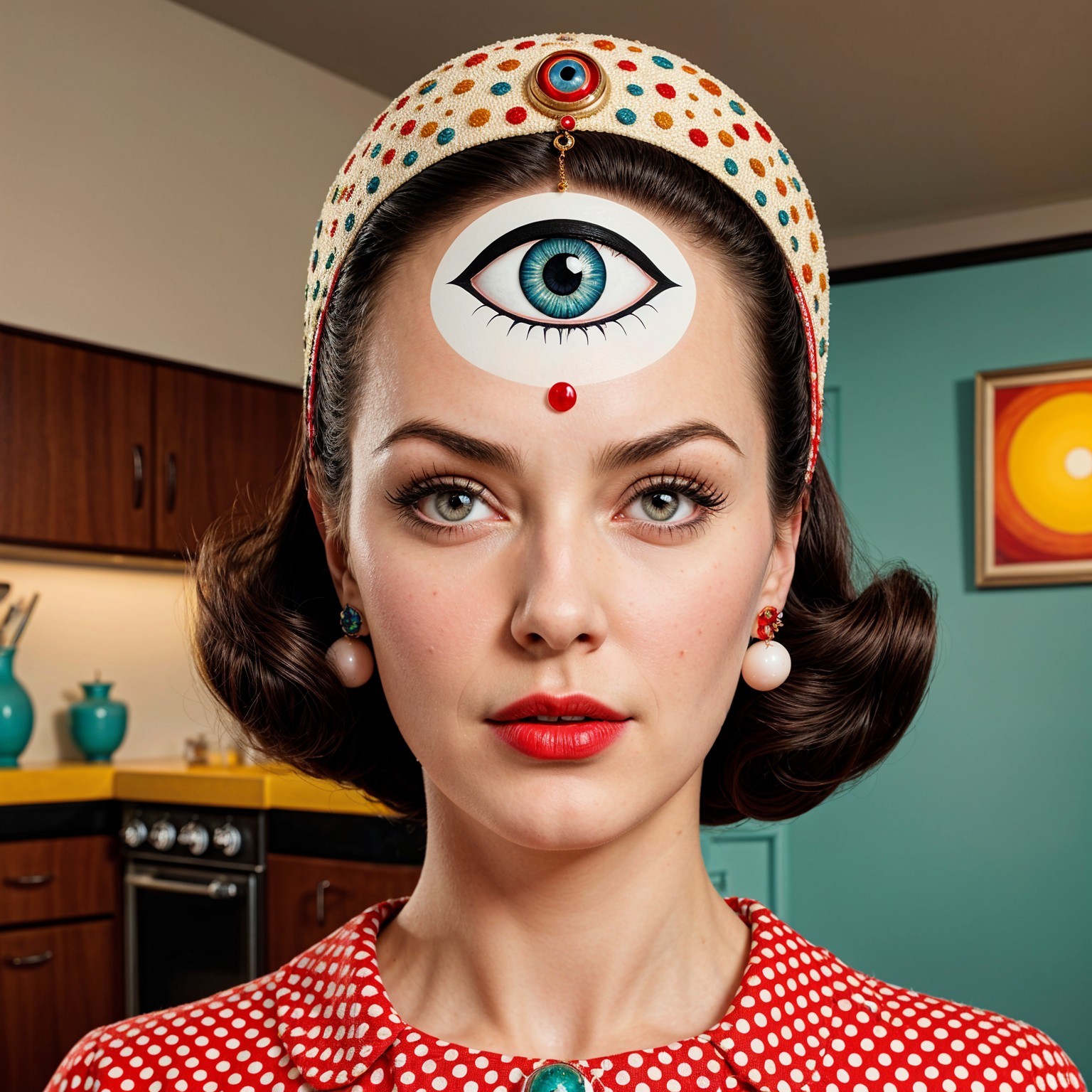 Woman in 1950s Kitchen with Eye Graphic Forehead