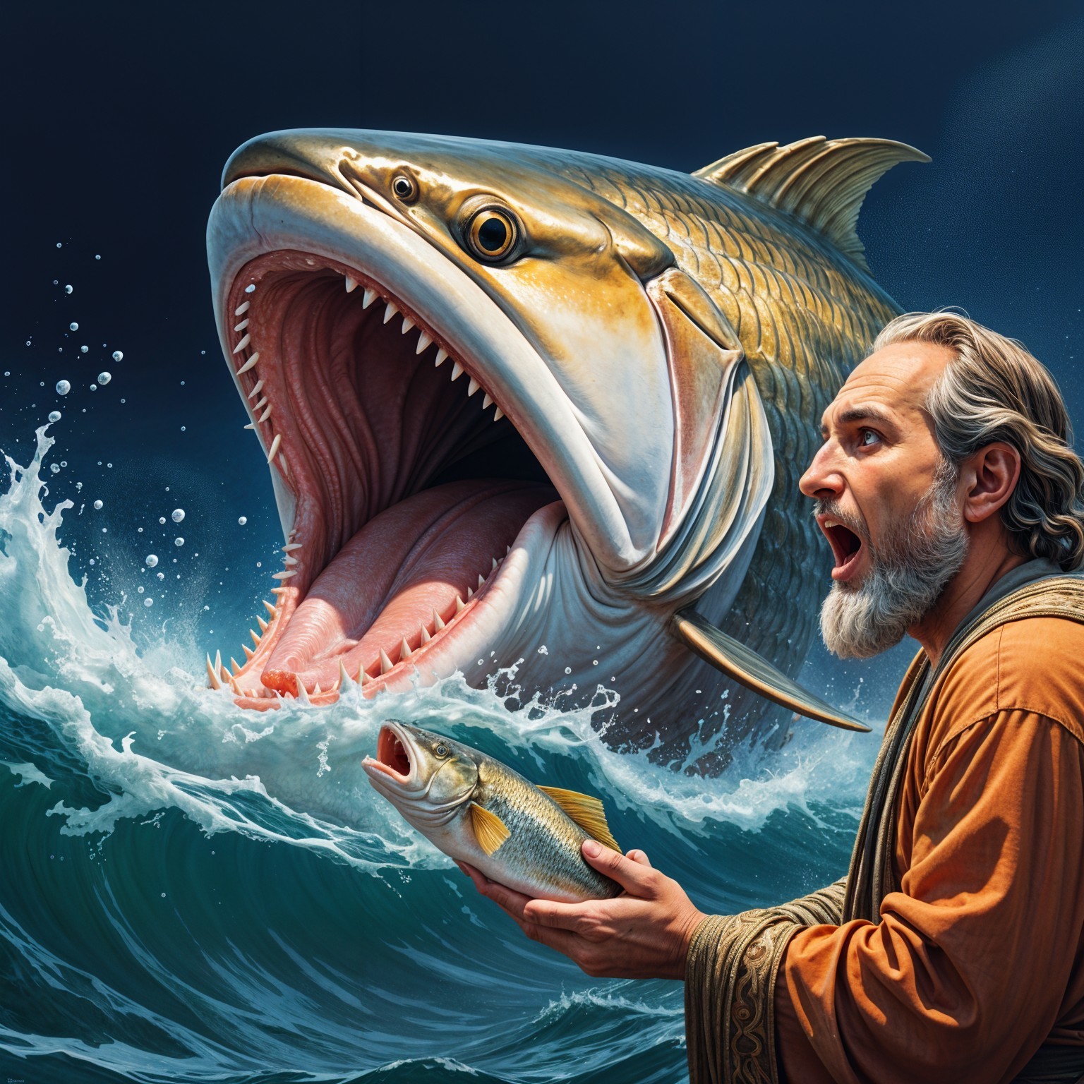 Fisherman Encounters Large Fish in Turbulent Waters